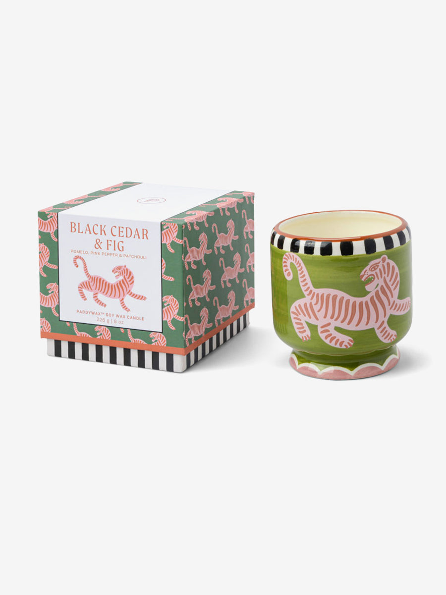 Paddywax Adopo Tiger Ceramic Candle - Black Cedar & Fig Scented Soy Wax Candle for Home Decor, Aromatherapy & Relaxation | Perfect for Living Room, Bedroom & Bathroom
