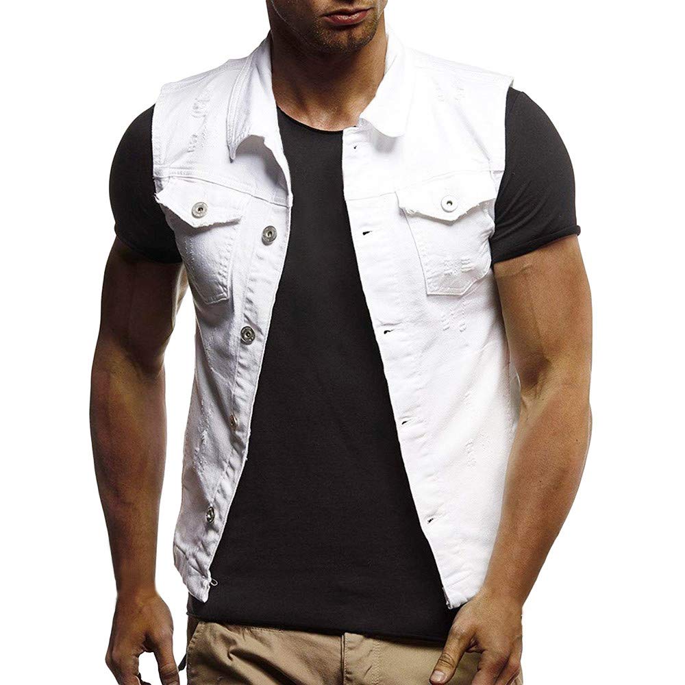 Vintage Distressed Denim Vest Jacket for Men - Winter & Autumn Waistcoat Top with Destroyed Style - Perfect for Casual Outfits, Layering, and Streetwear Fashion