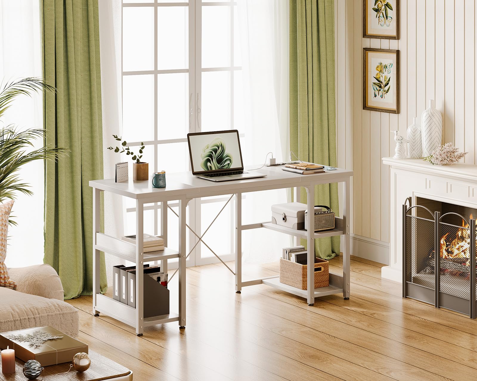AODK 48 Inch Small Computer Desk with Power Outlets & USB Charging Port, Home Office Desk with Storage Shelves, Space-Saving Student Laptop Desk for Small Spaces - Perfect for Home Office, Study Room, Dorm & Kids Bedroom (White)