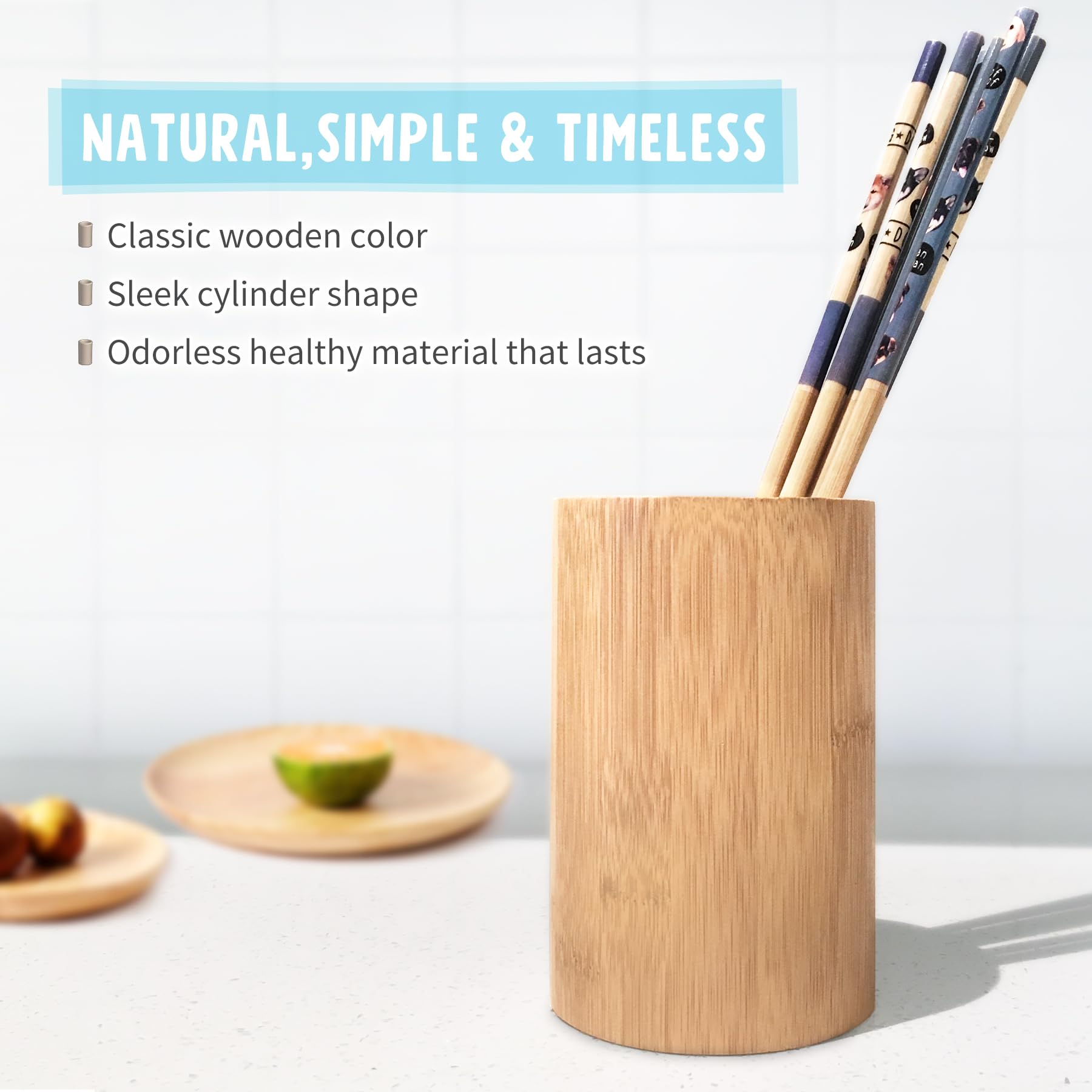 Sophie & Panda Bamboo Pen Holder, Toothbrush Organizer, Makeup Brush Storage, Utensil Caddy - Eco-Friendly Bamboo Cylinder for Home, Office & Bathroom Organization