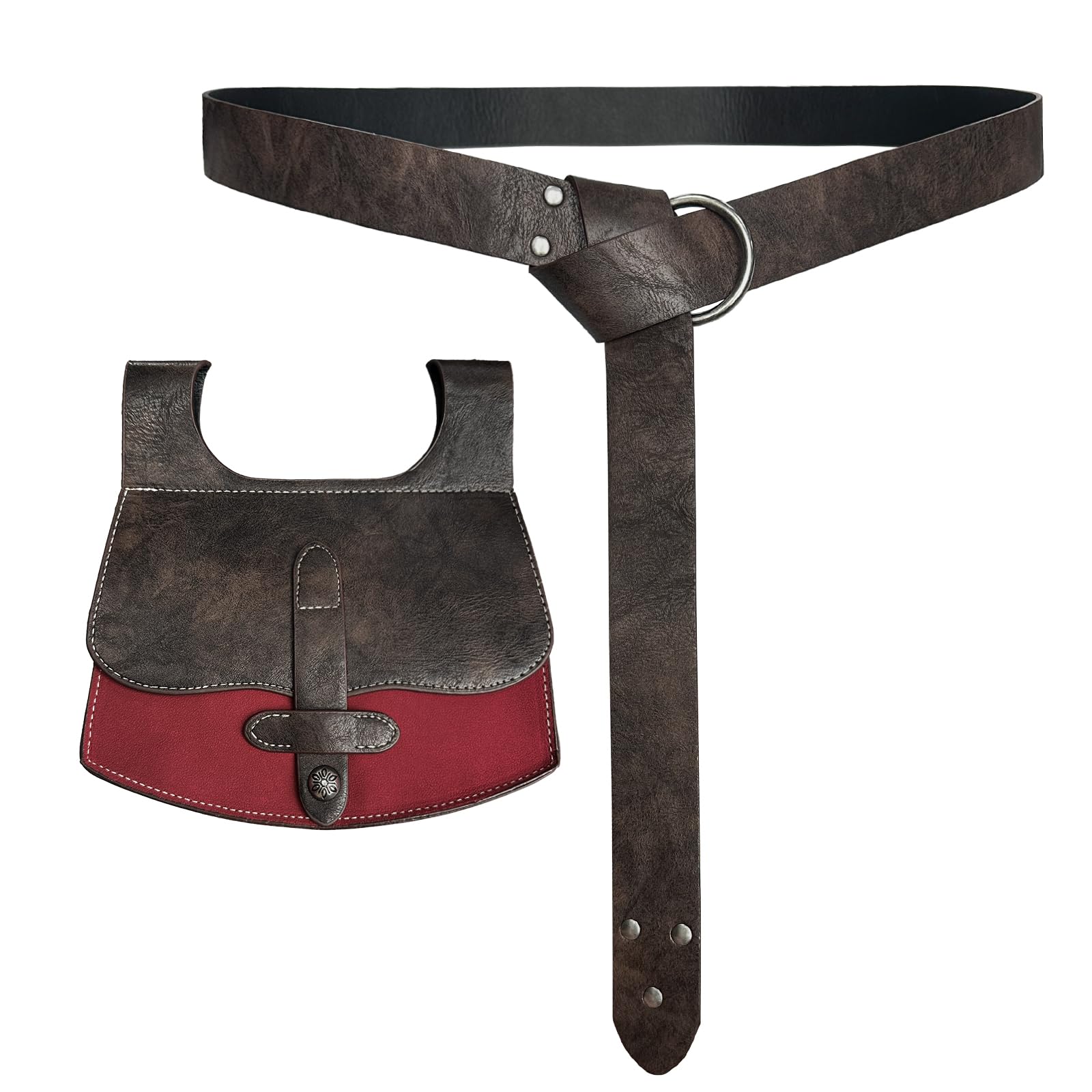 Medieval Faux Leather Belt Bag with O Ring - Vintage Knight Style Renaissance Pouch Set (Brown) | Perfect for LARP, Cosplay, Renaissance Fairs & Historical Reenactments
