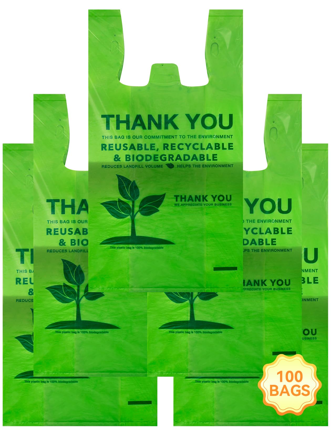 100% Biodegradable Compostable T-Shirt Bags - 100 Count Eco-Friendly Grocery Shopping Bags (11.5