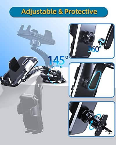 Military Grade Car Phone Mount - Dashboard, Windshield & Vent Phone Holder with Strong Suction & Metal Hook - Hands-Free Stand for iPhone & Smartphones - Perfect for GPS Navigation, Driving & Commuting