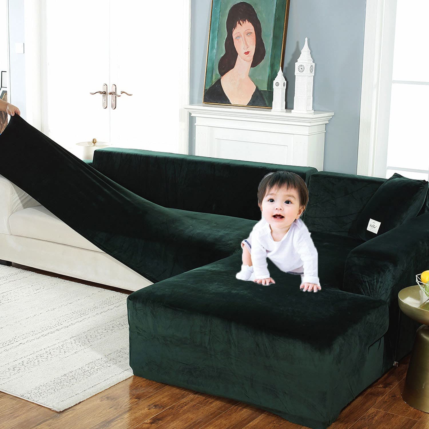 Stretch L-Shaped Sofa Slipcover for Sectional Couch Set - Pet & Kid Friendly Furniture Protector Cover (Green, 4+4 Seat) - Perfect for Living Room, Family Room & Home Theater Use