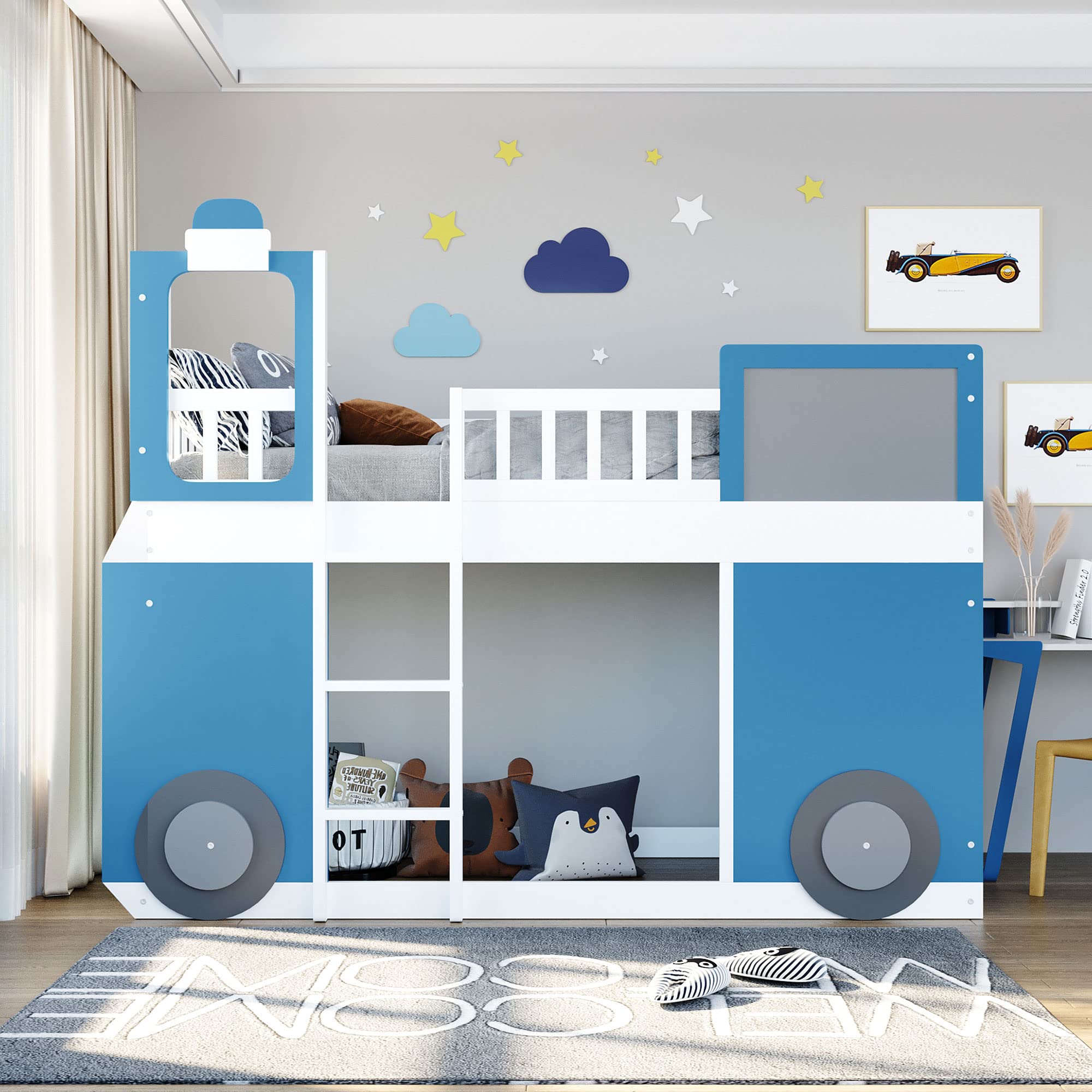 Twin Size Loft Bed with Train Shape Design - Sturdy Wooden Bunk Bed Frame, No Box Spring Required (Blue) - Perfect for Kids' Bedrooms, Small Spaces & Themed Decor