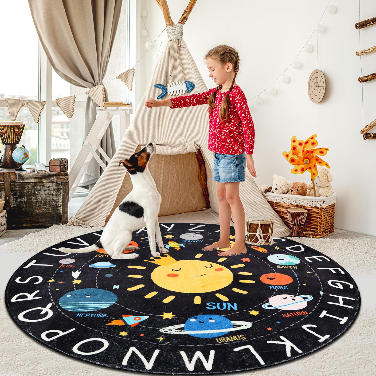 AKASISRUG Solar System Educational Rug for Kids - 5.2 FT Round Washable ABC Learning Carpet for Nursery & Playroom - Perfect for Space-Themed Bedrooms and Toddler Play Areas