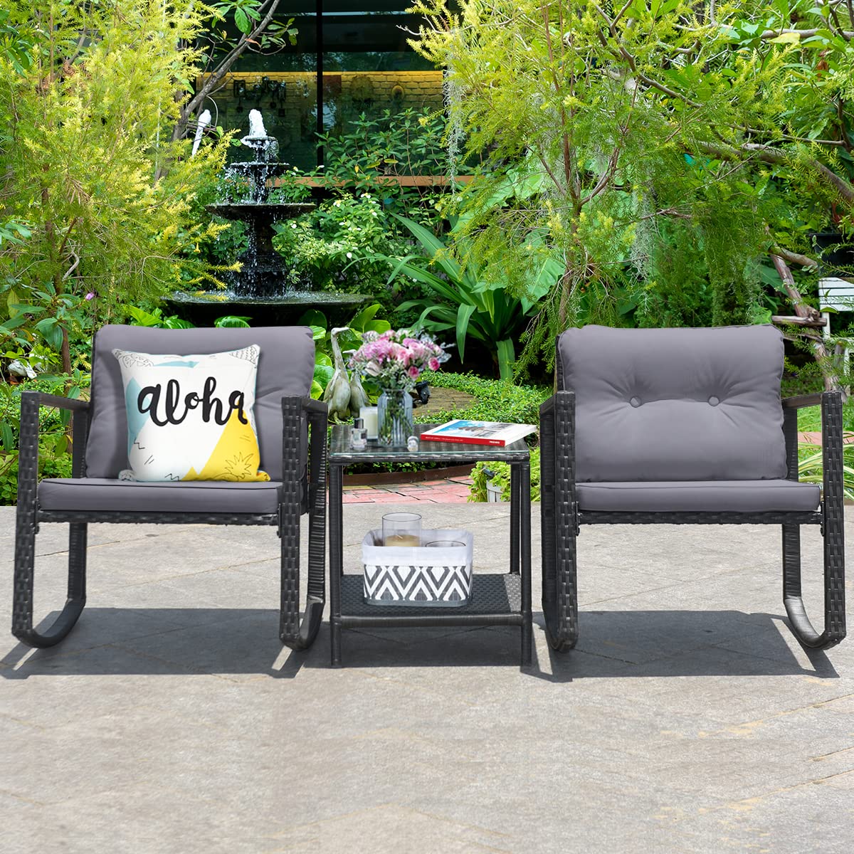 Tangkula 3-Piece Outdoor Patio Wicker Rocking Bistro Set with Cushioned Chairs, Glass Coffee Table & Storage Shelf - Gray | Perfect for Backyard, Garden, Deck or Balcony Relaxation