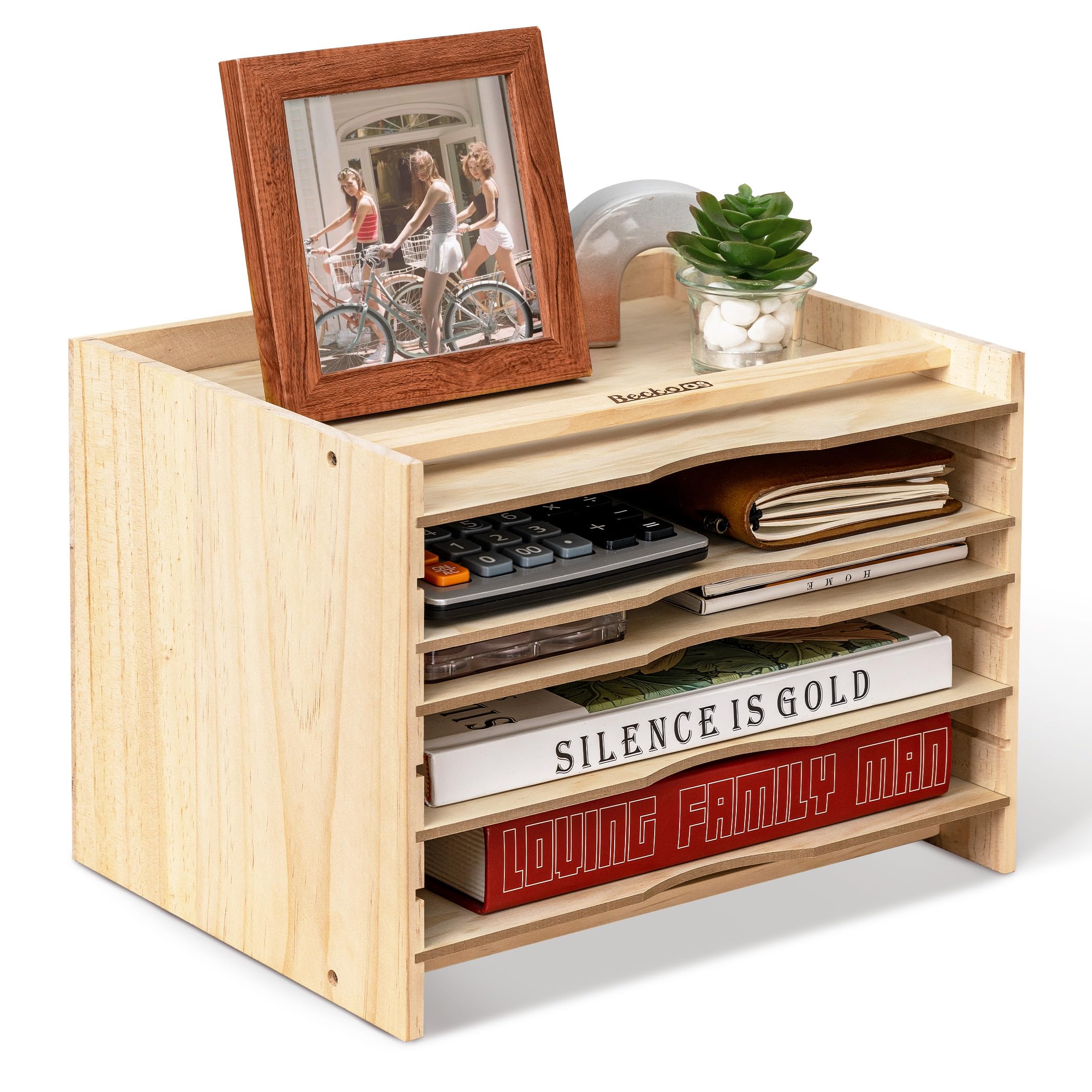 Becko Wooden File Organizer for Desk - 5 Adjustable Shelves Desktop Paper Sorter, Mail & Letter Holder for Office, School, Home | Perfect for Organizing Documents, Bills, and Important Papers on Your Workspace