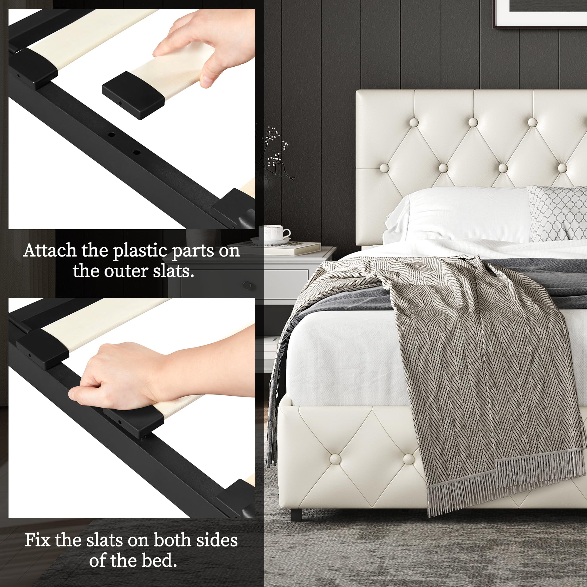 Yaheetech Queen Upholstered Bed Frame with Adjustable Diamond Button-Tufted Headboard & 3 Storage Drawers - Sturdy Wood Slat Support, Beige Platform Bed for Bedroom, Guest Room or Dorm