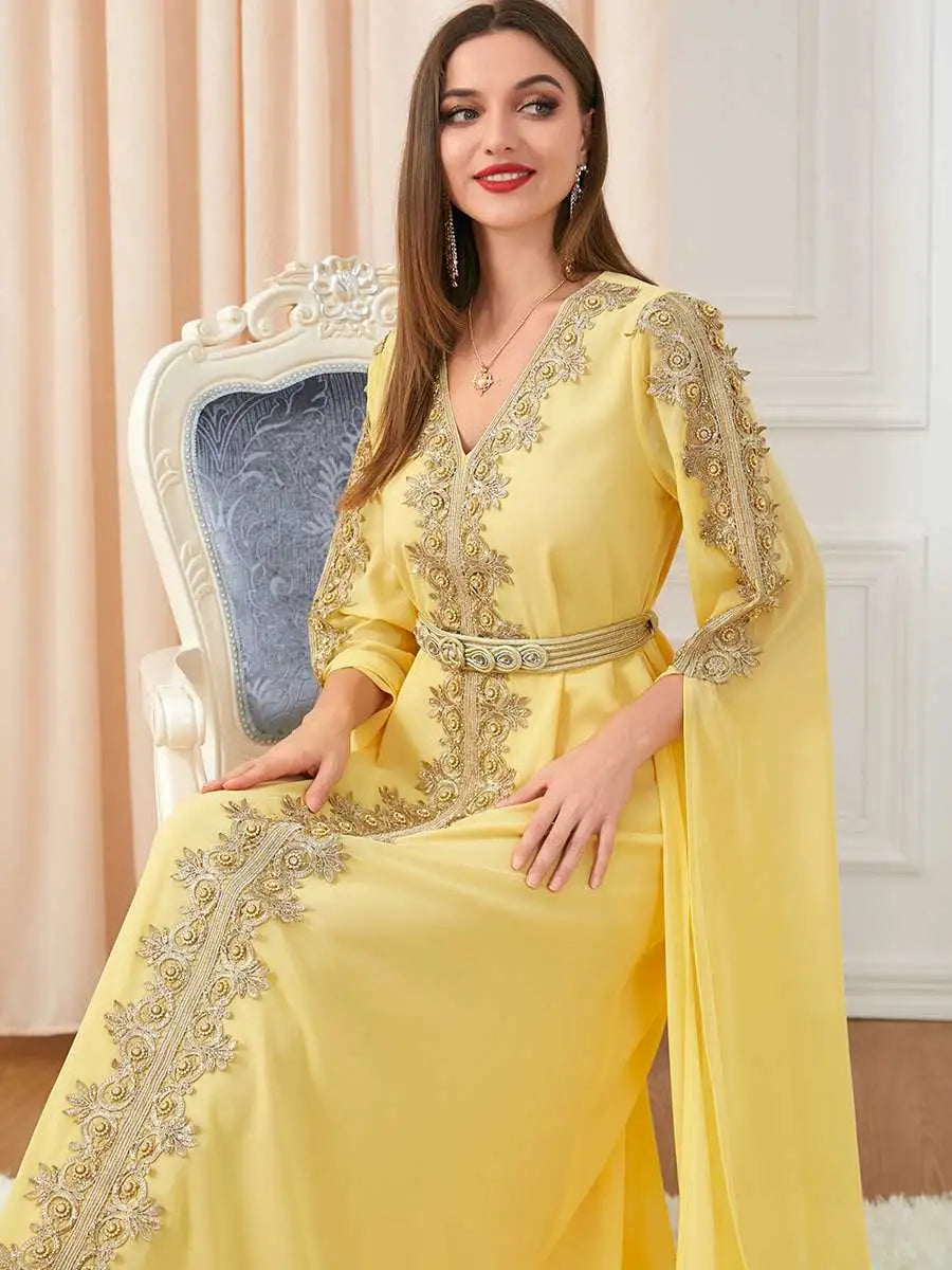 Elegant Arab Women's Chiffon Caftan Dress for Evening Party, Wedding & Special Occasions - Breathable & Comfortable Middle Eastern Kaftan for Eid Celebrations