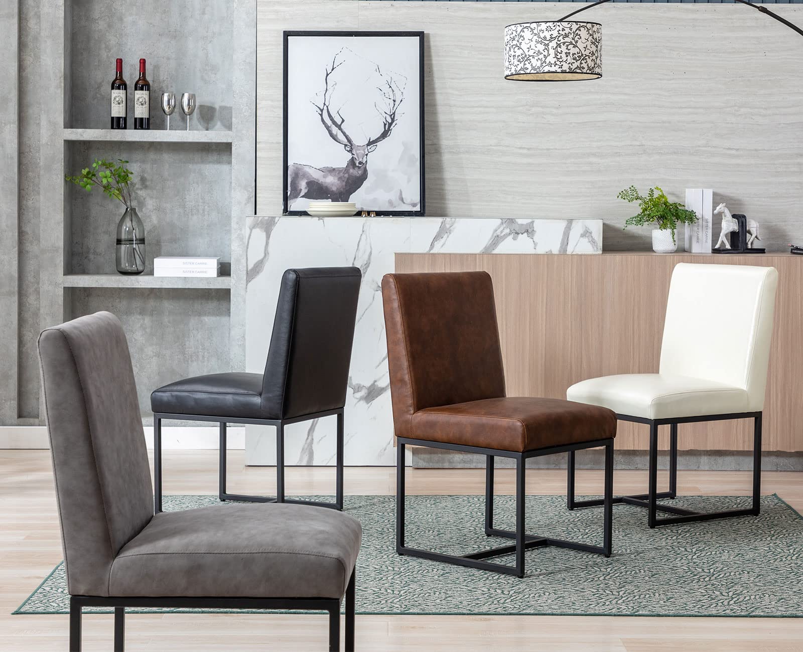 Shunzhi Modern Dining Chairs Set of 2 - Black Metal Frame PU Leather Upholstered Mid Century Armless Padded Chairs for Dining Room, Living Room, Bedroom - Comfortable Seating for Home, Office & Restaurant Use