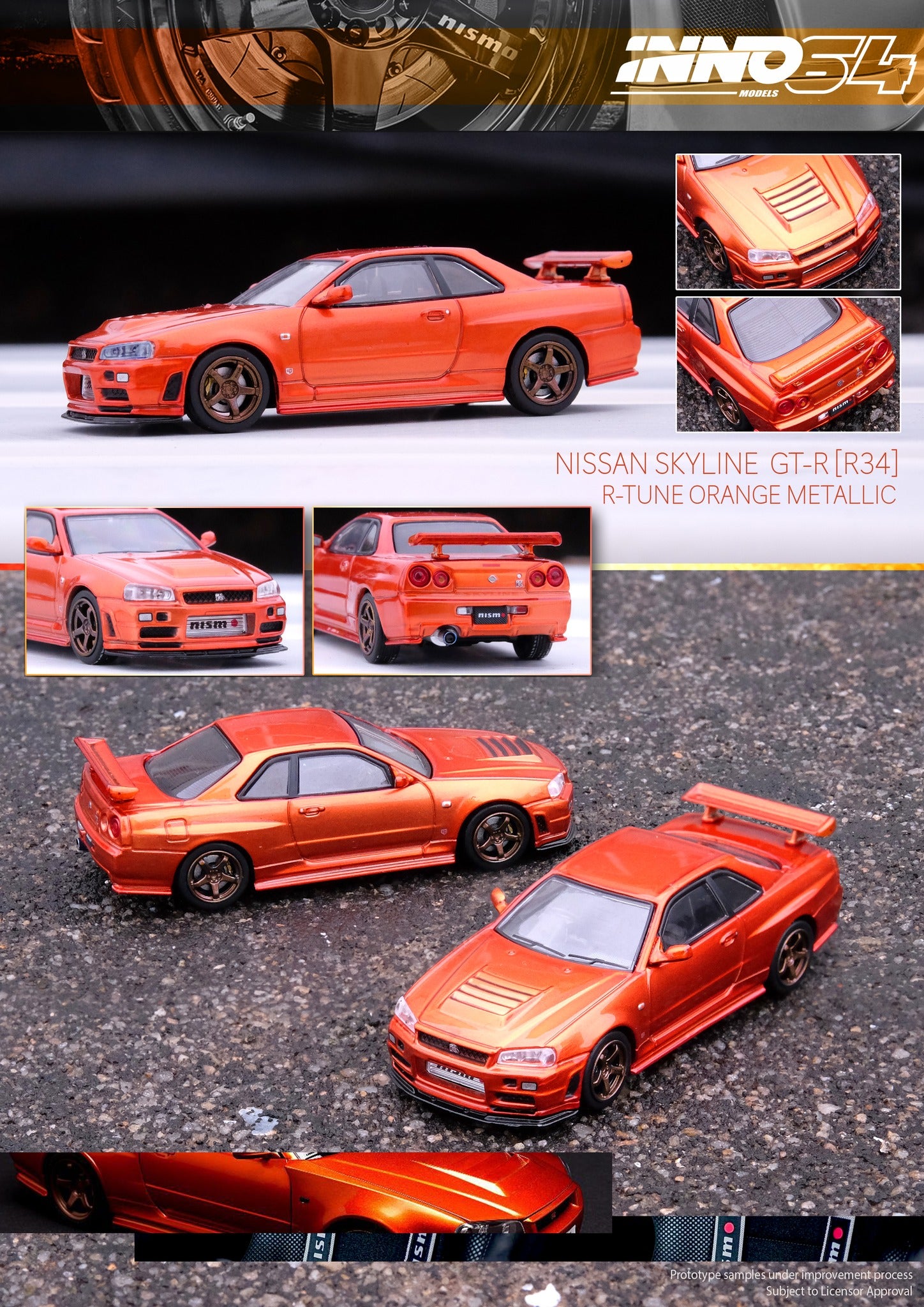 INNO64 1:64 Scale Diecast Model Car - Nissan Skyline GTR R34 R Tune Orange Metallic - Collectible Toy Car for Display, Gifts & Racing Enthusiasts