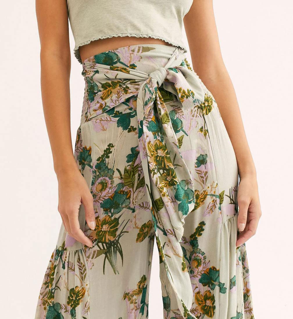 GGUHHU Women's High Waist Wide Leg Beach Pants - Floral Print Pleated Palazzo Trousers with Adjustable Belt | Summer Vacation, Boho Outfit, Casual Wear, Resort Style