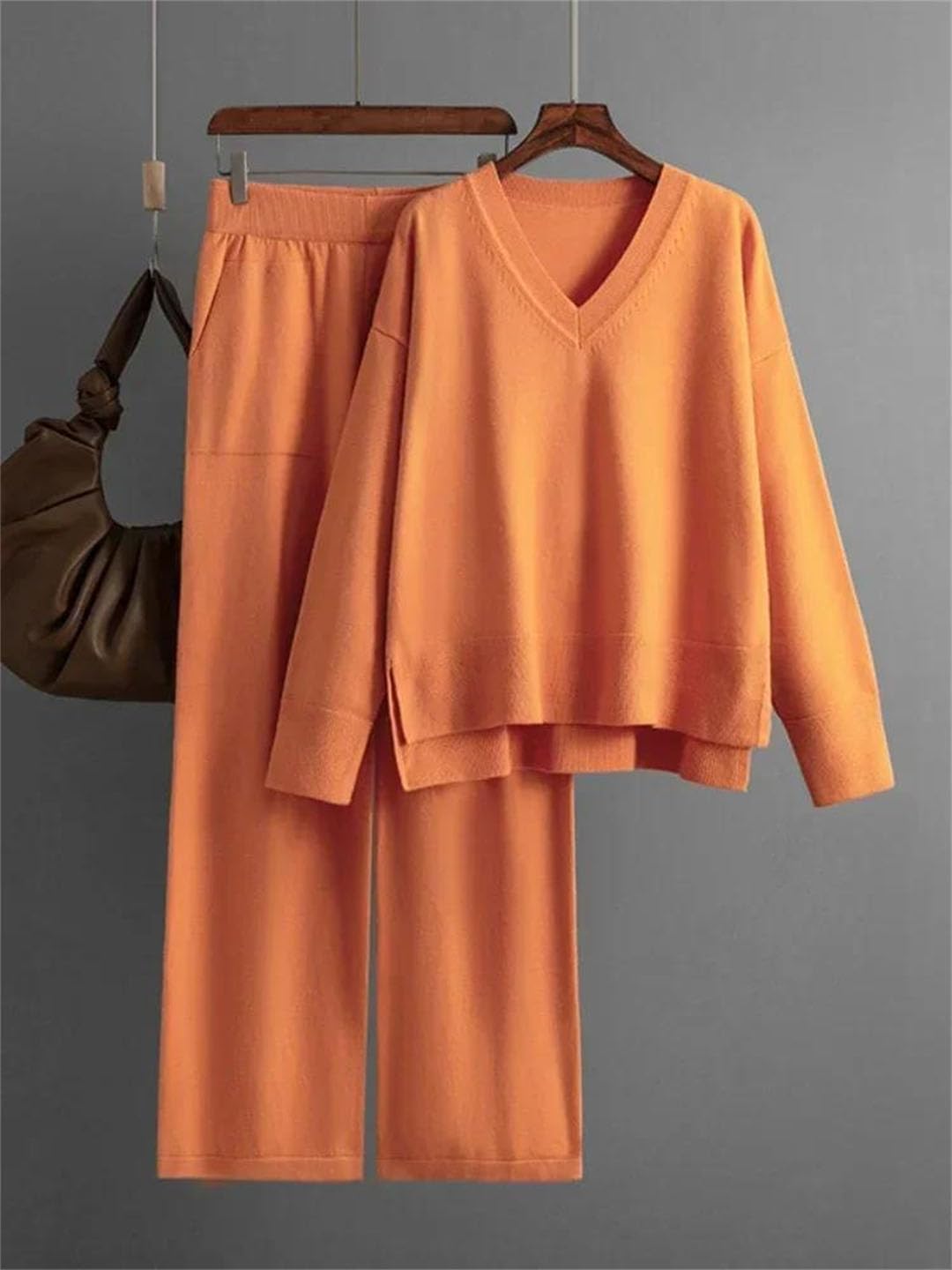 Women's Knitted Sweater 2-Piece Set - Winter Warm V-Neck Pullover & Straight Leg Jogging Pants Outfit | Cozy Lounge Wear for Home, Office & Casual Outings