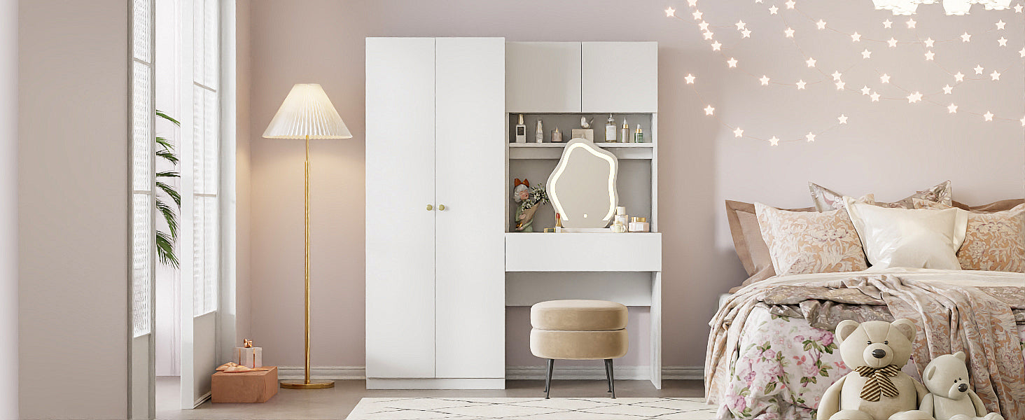 2 Door Wooden Storage Vanity Wardrobe with Makeup Mirror & Drawers - White Bedroom Organizer for Clothes, Shoes & Accessories | Perfect for Master Bedroom, Guest Room & Dormitory