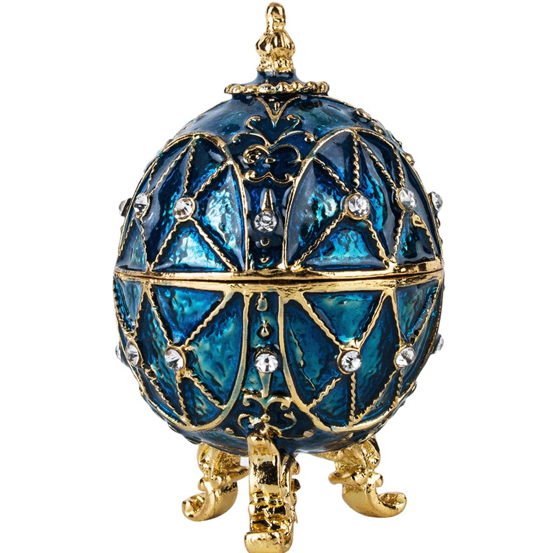 Exquisite Blue Faberge Egg Trinket Box - Hand-Painted Collectible Jewelry Box with Crystal Accents & Hinged Lid - Perfect for Easter Gifts, Jewelry Storage & Home Decor