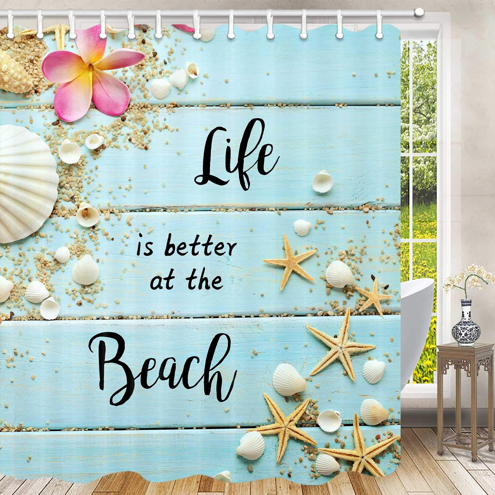 Beach Themed Rustic Shower Curtain Set - 69x72 Inch Coastal Bathroom Decor with Teal Blue Wooden Seashell & Starfish Design - Summer Fabric Bath Curtain for Beach House, Vacation Rental or Coastal Style Bathroom - Perfect for Nautical & Seaside Inspired Home Decor