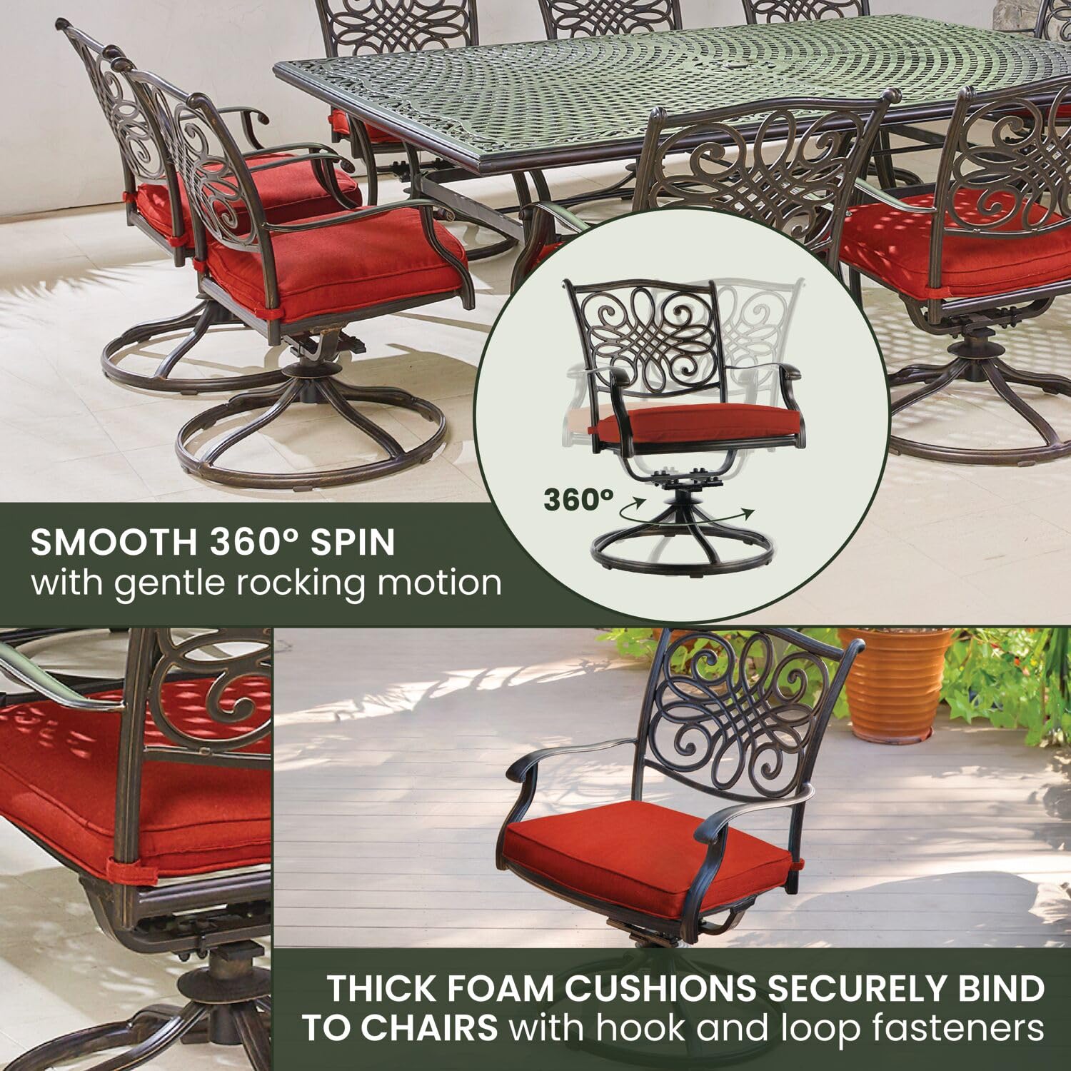 Hanover Traditions 11-Piece Modern Outdoor Dining Set - Rust-Resistant Cast Aluminum Rectangular Table & 10 Swivel Rocker Chairs with Weatherproof Red Cushions | Patio, Garden, Backyard Furniture for Entertaining