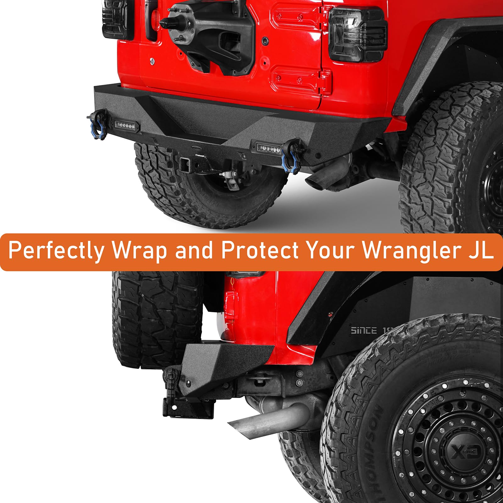 Heavy Duty u-Box Rear Bumper with Hitch Receiver & 2x LED Floodlights for Jeep Wrangler JL & JLU (2018-2025) - Off-Road Protection & Towing Accessory for Adventure & Trail Riding