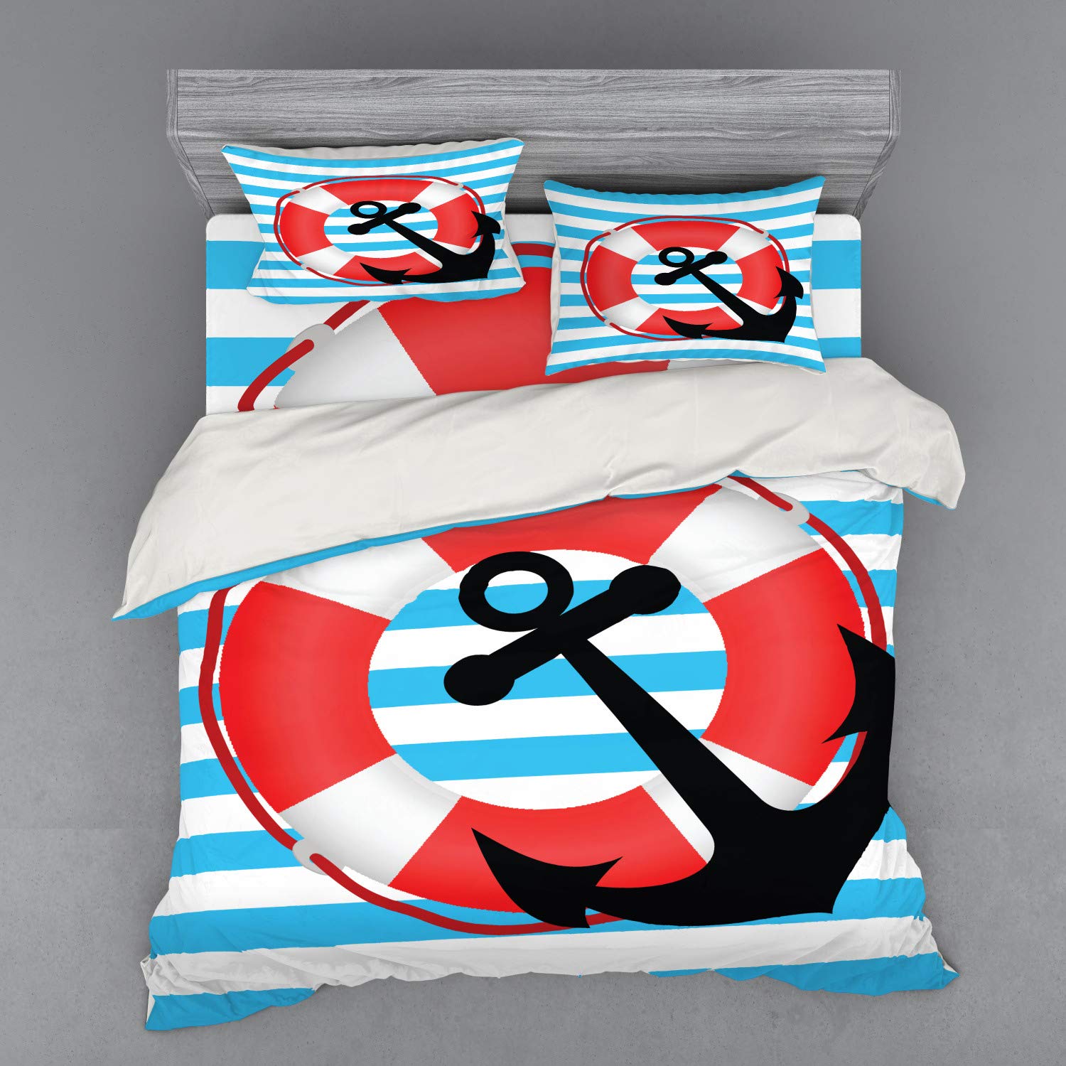 Ambesonne Anchor Bedding Set - 4 Piece King Size Duvet Cover Set with Pillow Shams & Fitted Sheet, Nautical Blue Striped Design with Life Preserver & Anchor Motif in Sky Blue, Red & Black | Perfect for Coastal Themed Bedrooms, Guest Rooms & Vacation Homes