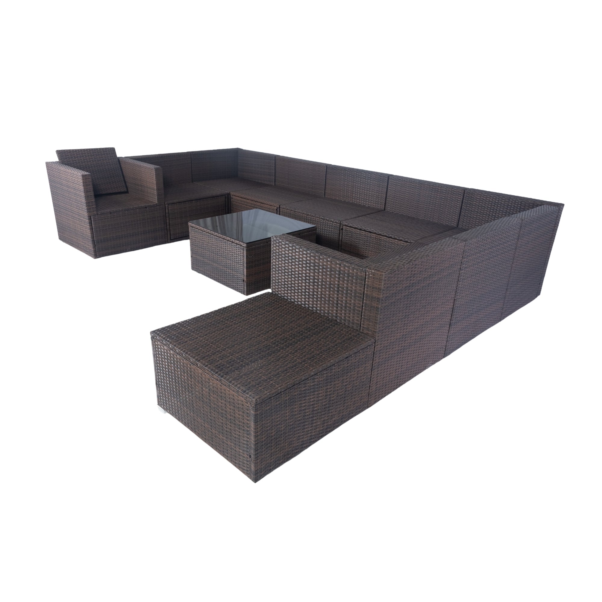 11-Piece Brown Wicker Patio Conversation Set with White Cushions - 10-Seater Outdoor Sectional Sofa with 3 Under-Seat Storage Boxes - Perfect for Backyard, Garden, Poolside & Patio Relaxation