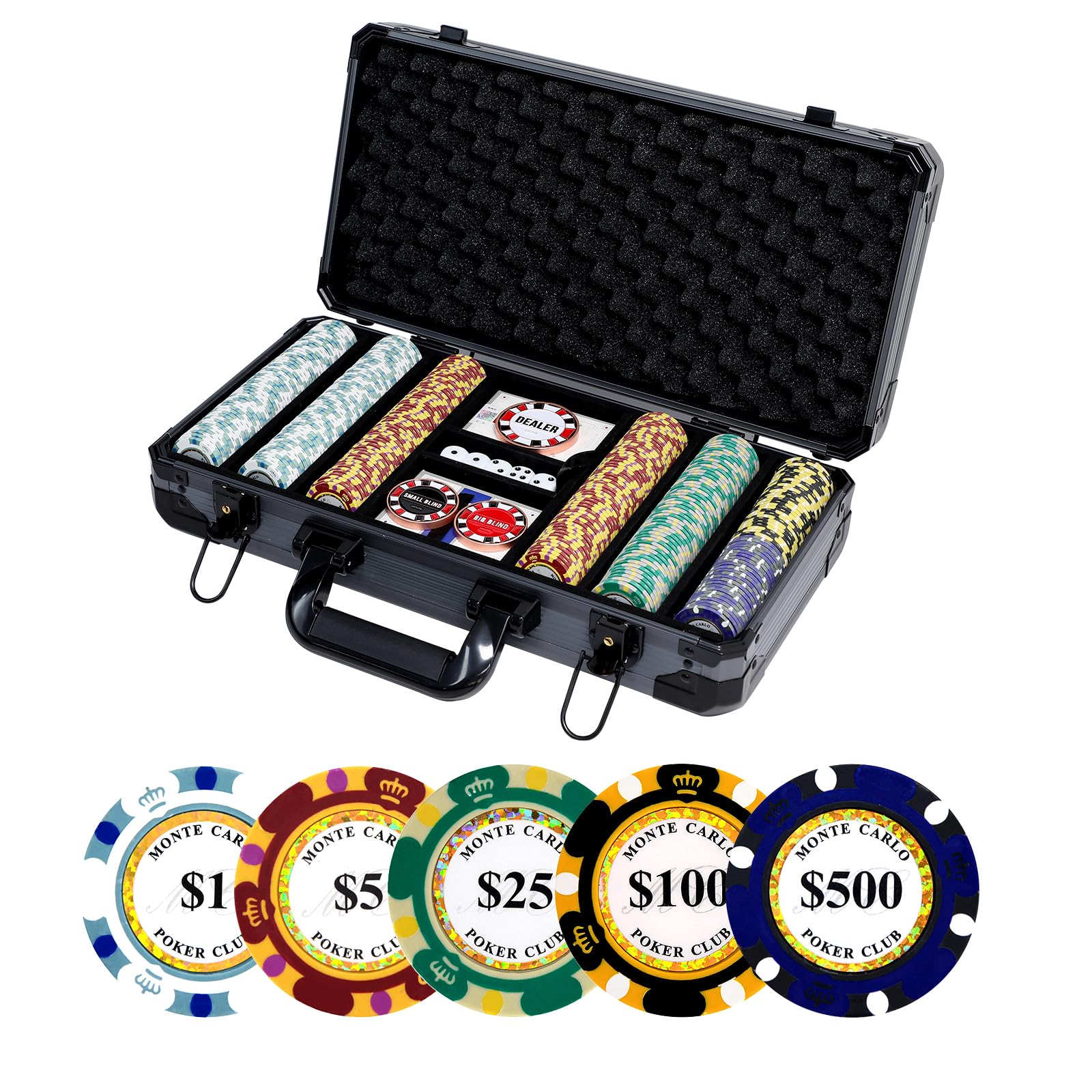 Premium 300-Piece 14g Clay Poker Chips Set with Aluminum Case - 39mm Casino-Style Poker Chips, 2 Decks of Plastic Playing Cards & Dealer Button - Perfect for Texas Hold'em, Blackjack, and Home Poker Games