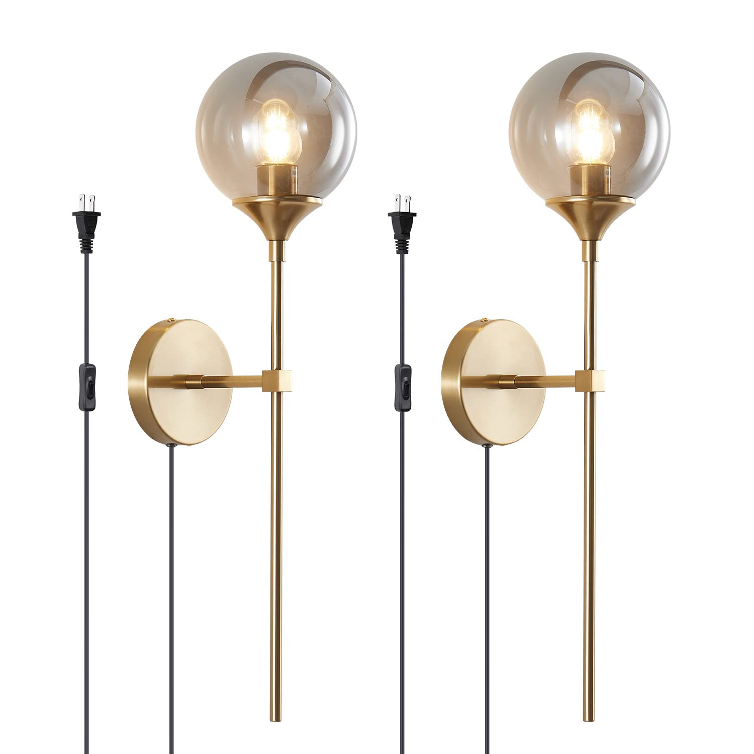 Mid Century Smoke Glass Bathroom Wall Light Plug-in Set of 2 - Brushed Brass Gold Long Globe Wall Sconce Lighting - Industrial Wall Lamp for Bedroom, Hallway, or Living Room (Smoke Gray, Plug-in Cord)