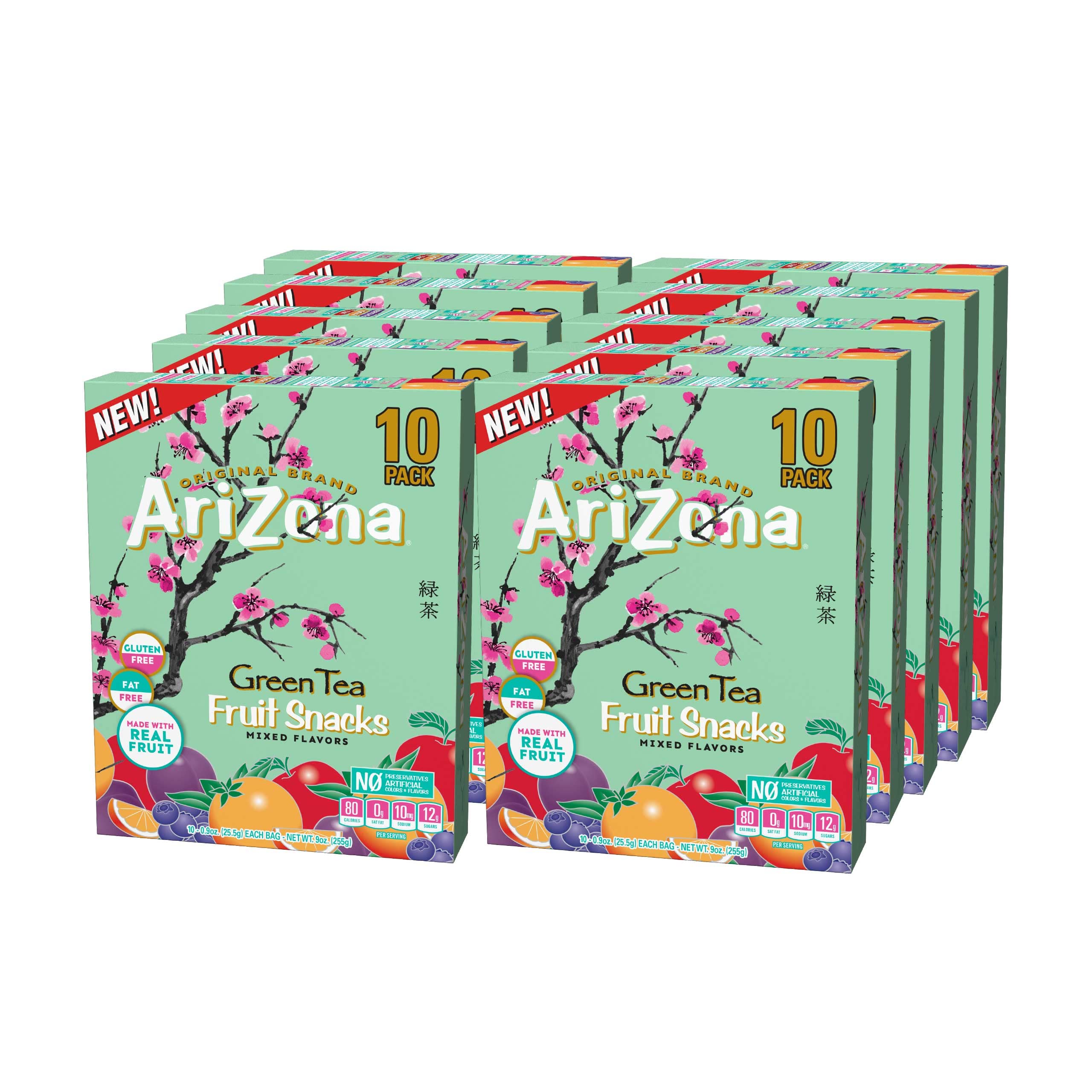 AriZona Green Tea Gluten Free Gummy Fruit Snacks - 10 Pack (0.9oz Single Serve Bags) | Healthy Vegan Snacks for Kids Lunch, Office & Travel | Delicious Natural Flavor Energy Boost