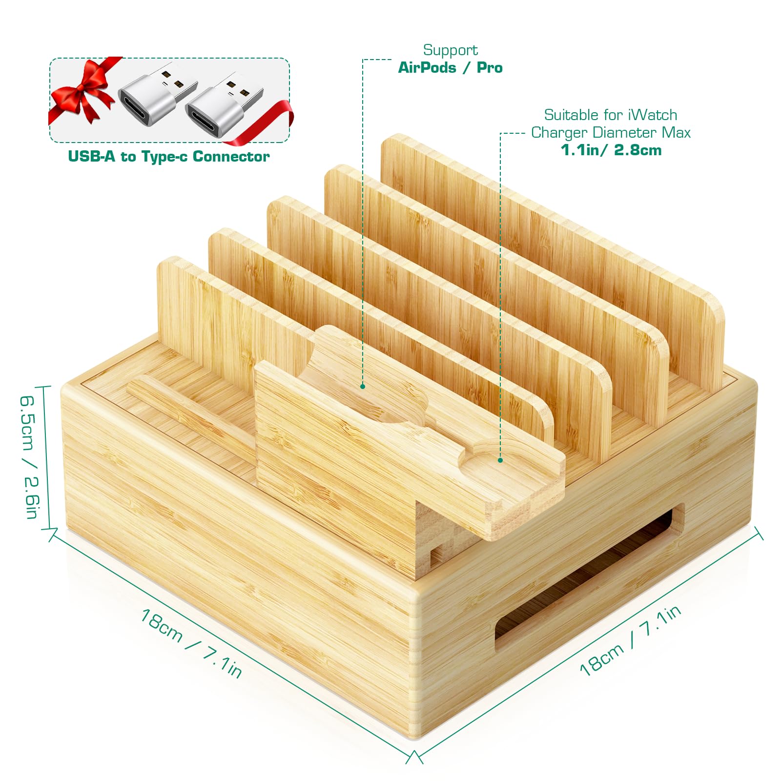 Darfoo 7-Port Bamboo Charging Station for Multiple Devices - Wooden USB Hub with Watch & Earbud Stand for iPhone, Android, iPad, Smartwatch & AirPods - Perfect for Home, Office & Nightstand Organization