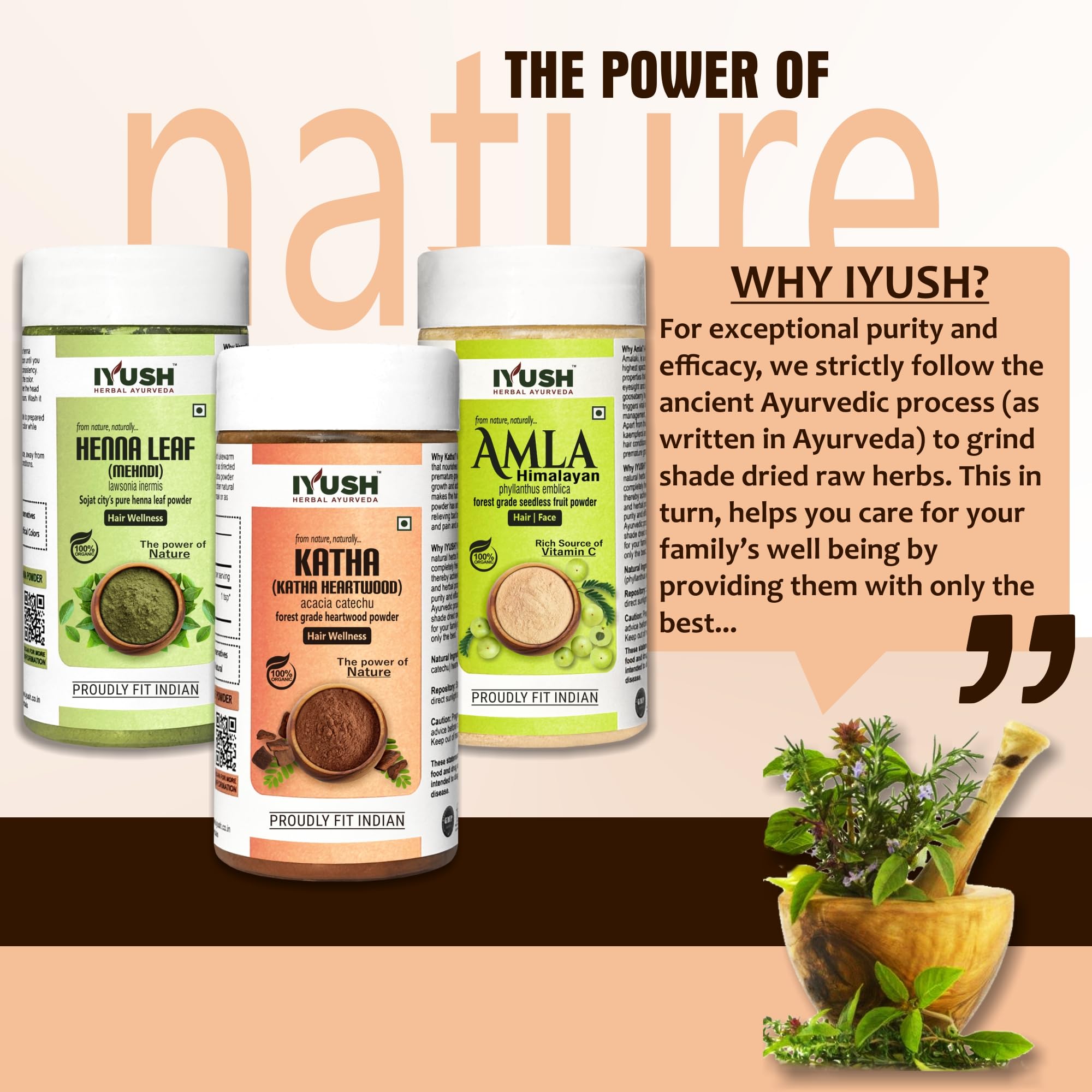 IYUSH Ayurvedic Amla Powder with Katha Powder & Henna Powder for Natural Hair Color & Volume – 300g | Herbal Hair Mask for Dry, Frizzy Hair | 100g Each | Perfect for DIY Hair Treatments & Natural Hair Care at Home