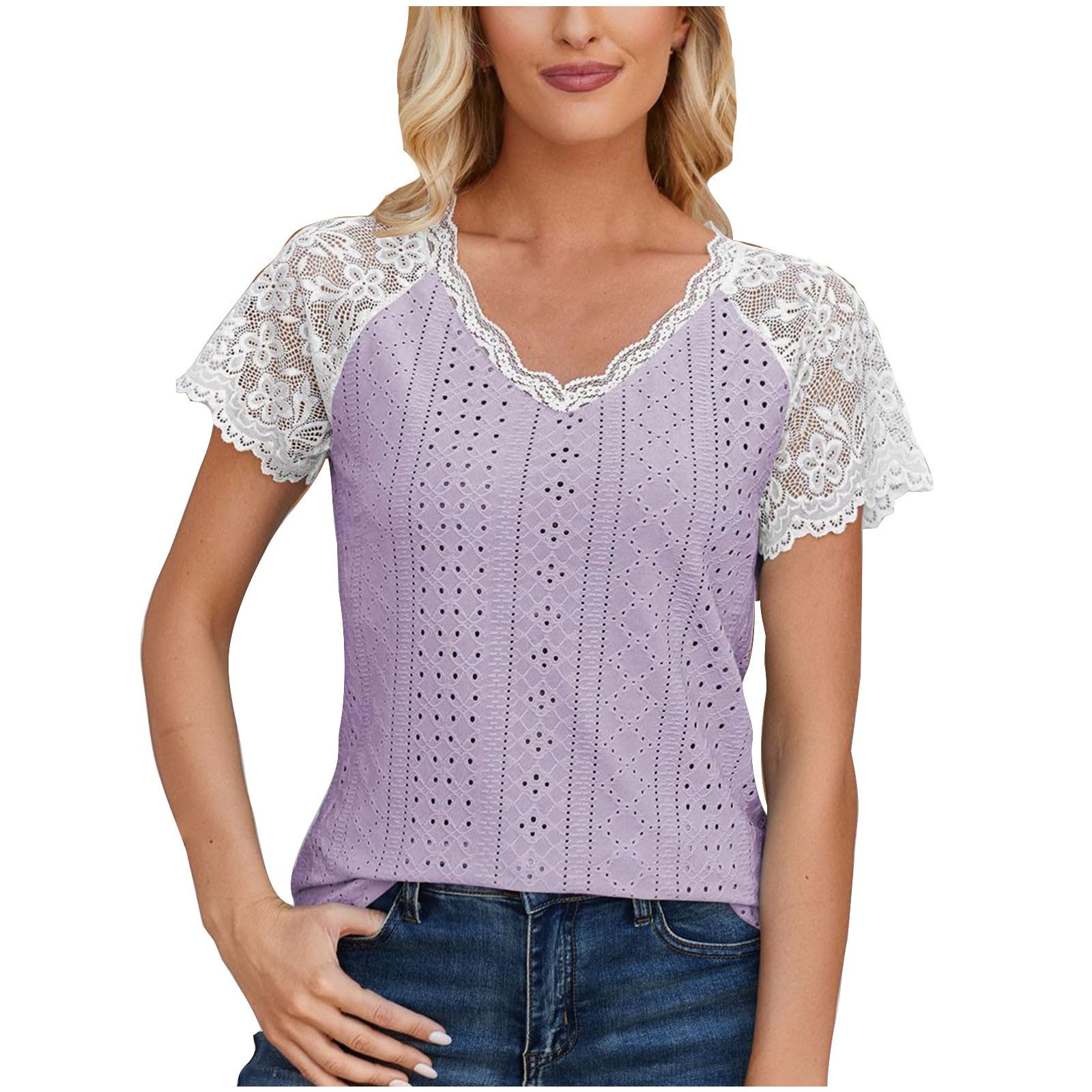 Women's Cute Lace Raglan Sleeve T-Shirt - Elegant V-Neck Embroidered Eyelet Summer Top for Casual & Dressy Wear | Perfect for Office, Date Night & Weekend Outings