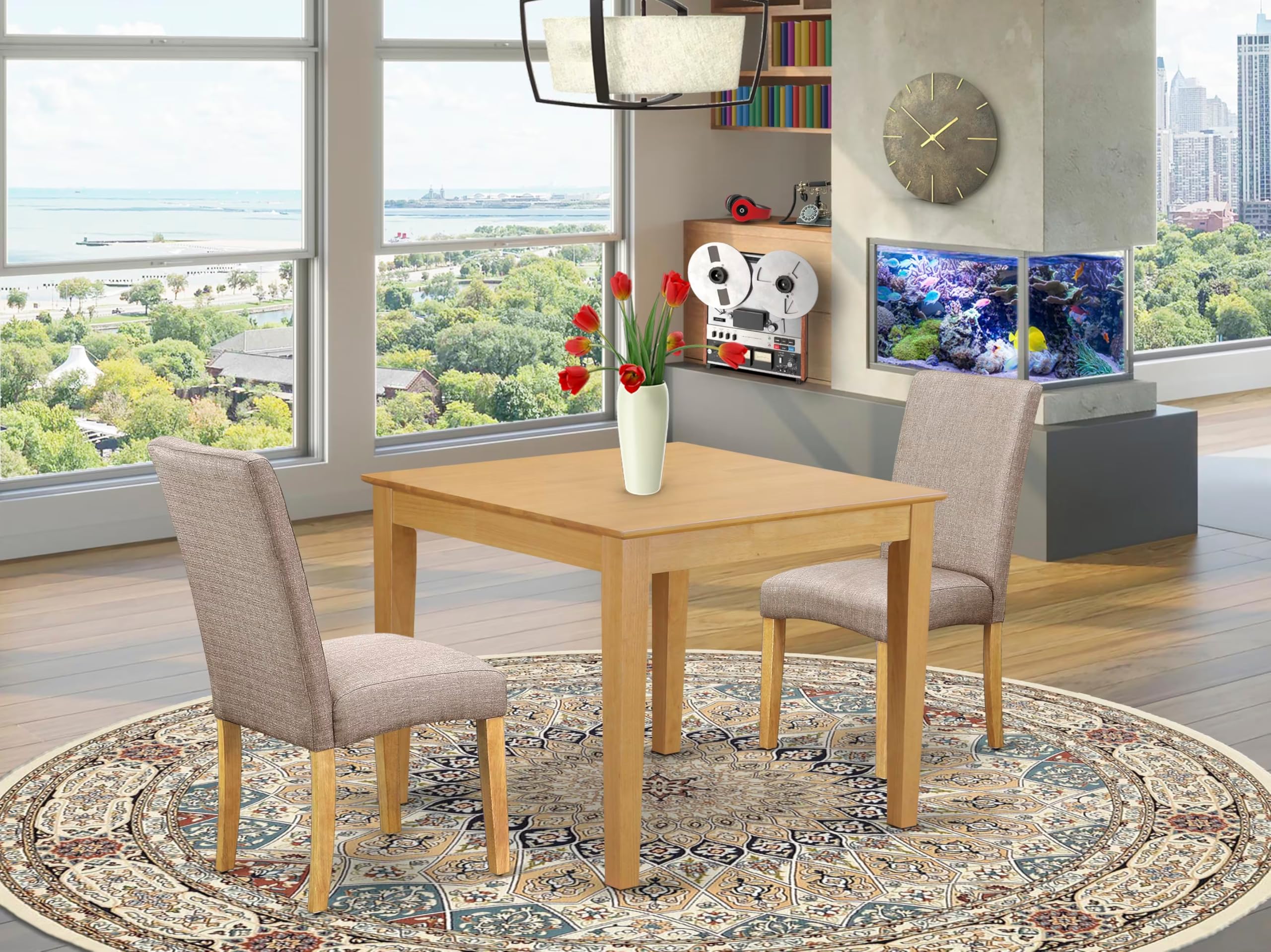 East West Furniture OXDR3-OAK-16 3-Piece Kitchen Table & Chairs Set - Square Dining Table with 2 Dark Khaki Linen Parsons Chairs, 36x36 Inch, Oak - Perfect for Small Spaces, Breakfast Nooks & Cozy Dining Areas