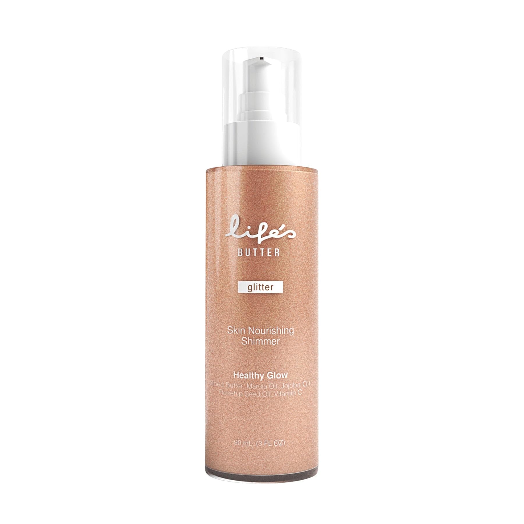 Life's Butter Face & Body Shimmer - Healthy Waterproof Moisturizing Glow with Shea Butter, Marular Oil, Jojoba Oil & Vitamin C | Glistening Bronze | 3 Fl Oz | Perfect for Summer Tanning, Beach Days & Night Out Glow