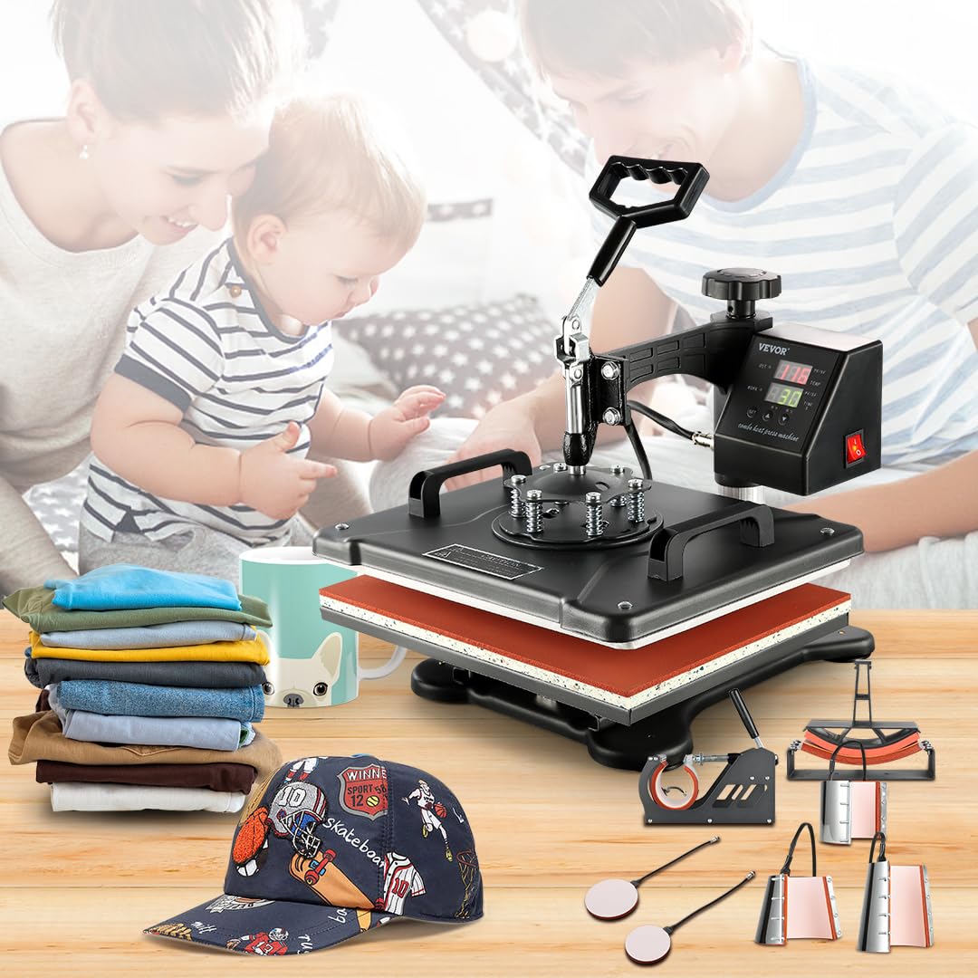 VEVOR 8-in-1 Heat Press Machine Combo with 360° Swing Away Design - Digital Sublimation Heat Transfer Machine for T-Shirts, Hats, Mugs (12x15