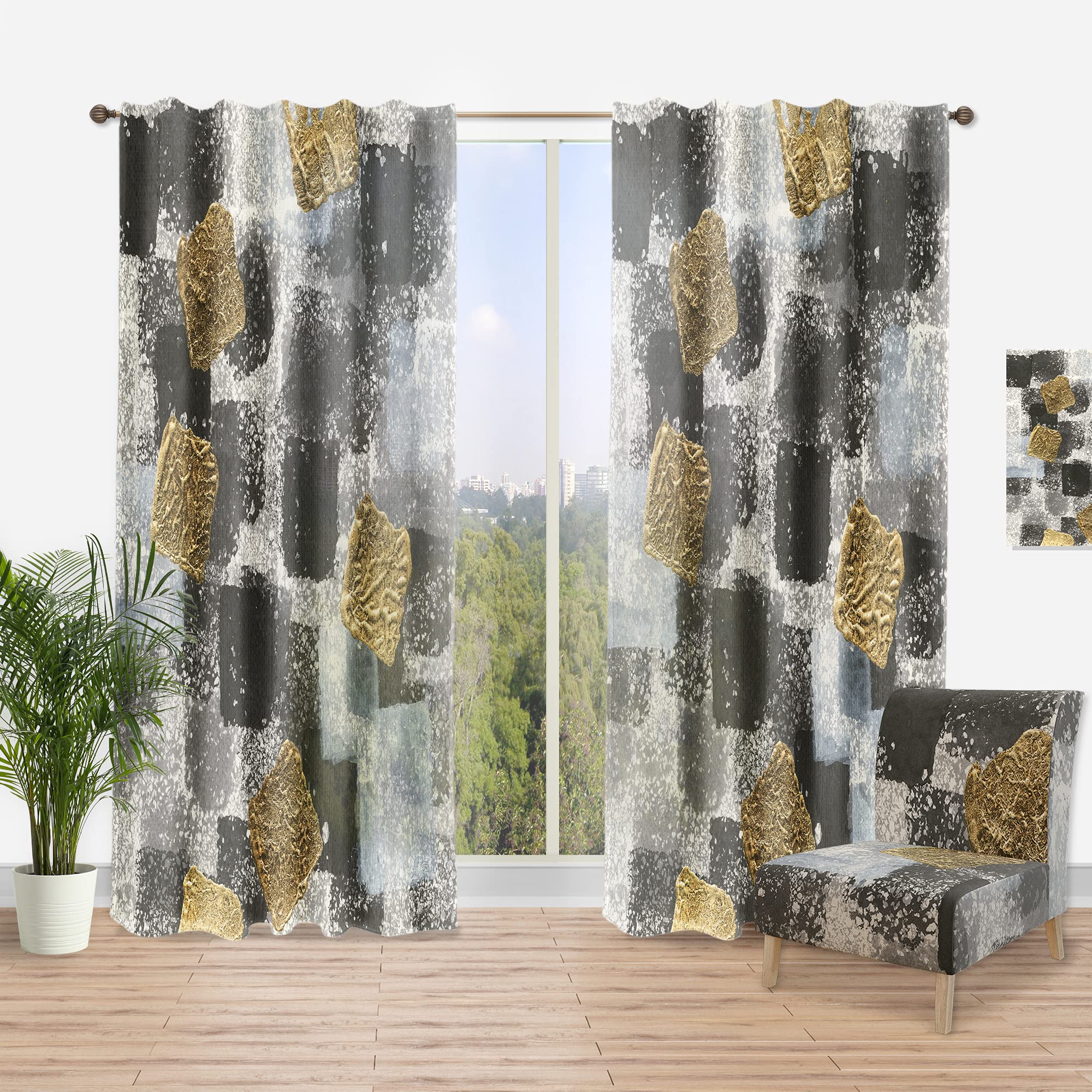 DesignQ Gold Glamour Squares I Thermal Insulated Curtains - Single Panel 52x108 Inches - Elegant Drapes for Bedroom & Living Room - Perfect for Blackout & Energy Saving