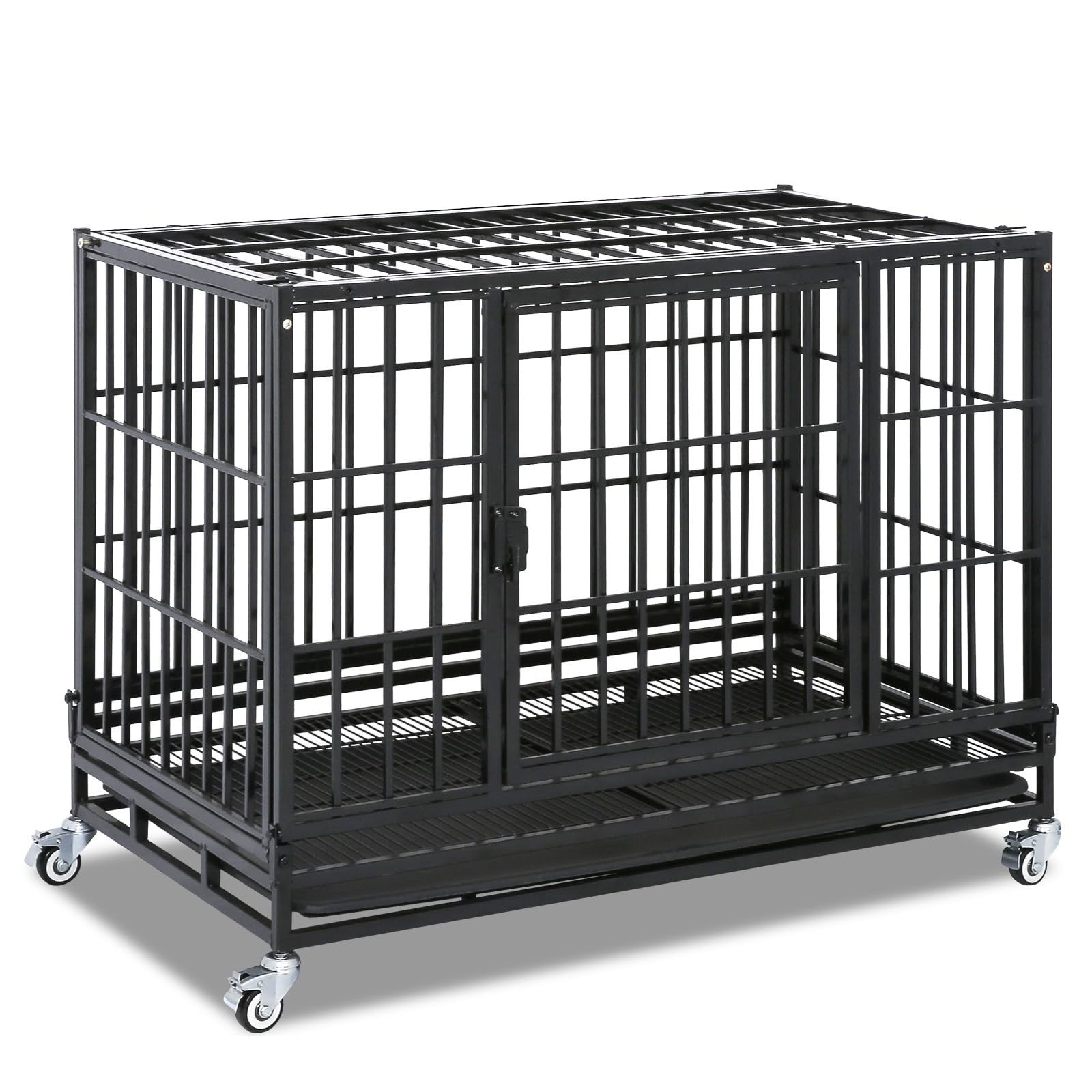 Heavy Duty 37 Inch Foldable Dog Crate with Wheels - Bite Proof Collapsible Kennel for Medium Dogs - Indoor Pet Cage with Removable Tray & Top Access - Perfect for Home, Travel & Vet Visits - Black