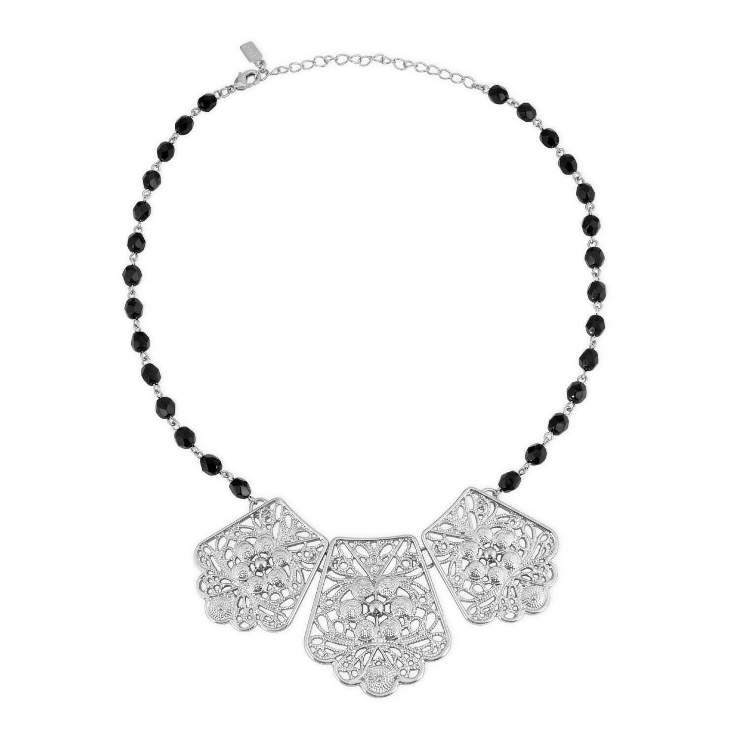 1928 Jewelry Jet Black Glass Beaded Filigree Collar Necklace with 16+3 Inch Extender - Elegant Vintage Style Choker for Women, Perfect for Parties, Weddings & Formal Events