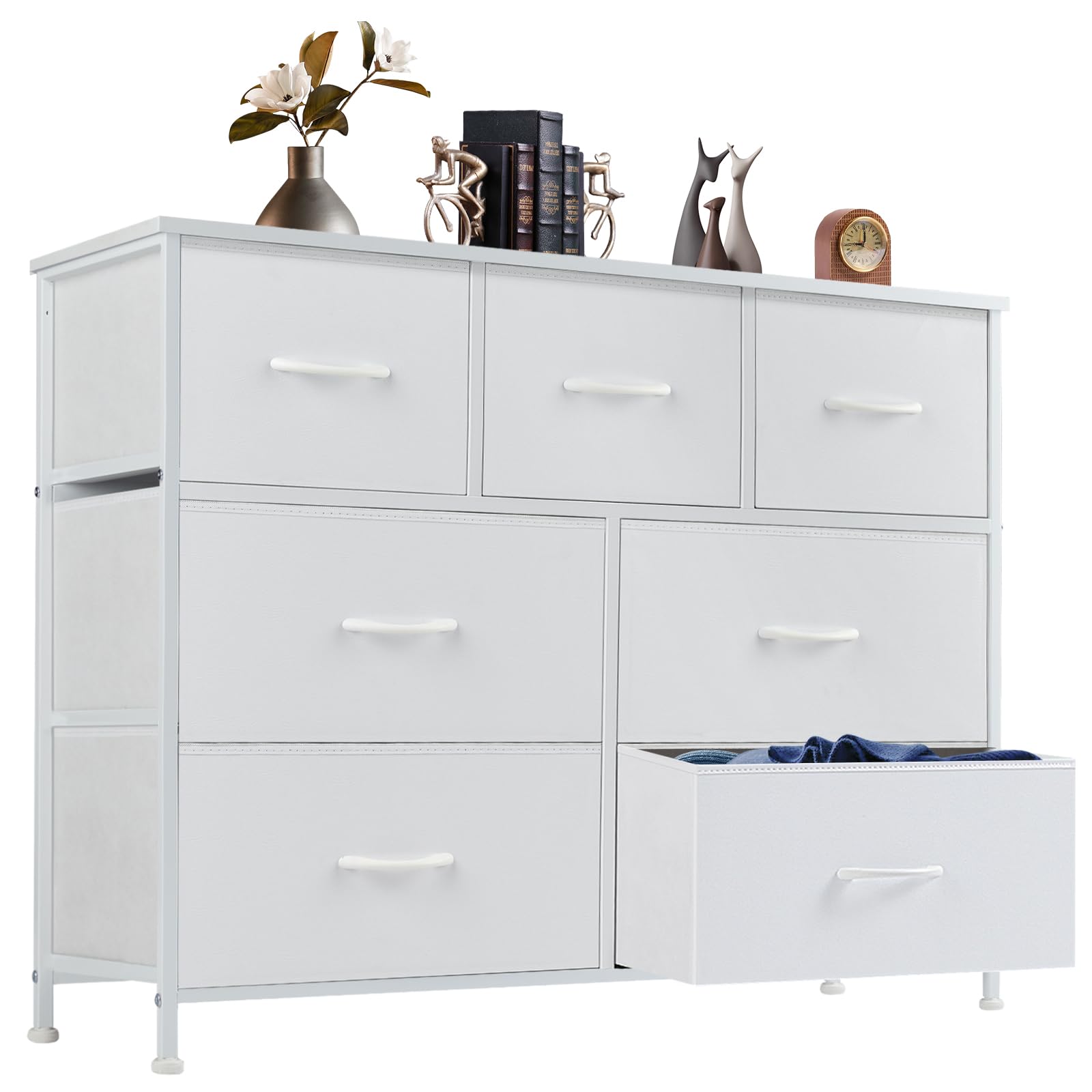 DUMOS 7-Drawer Dresser for Bedroom - Wooden Top Storage Organizer with Fabric Bins & Metal Frame - Nursery, Living Room, Kids Room & Closet Furniture - Perfect for Organizing Clothes, Toys & Home Essentials (White)