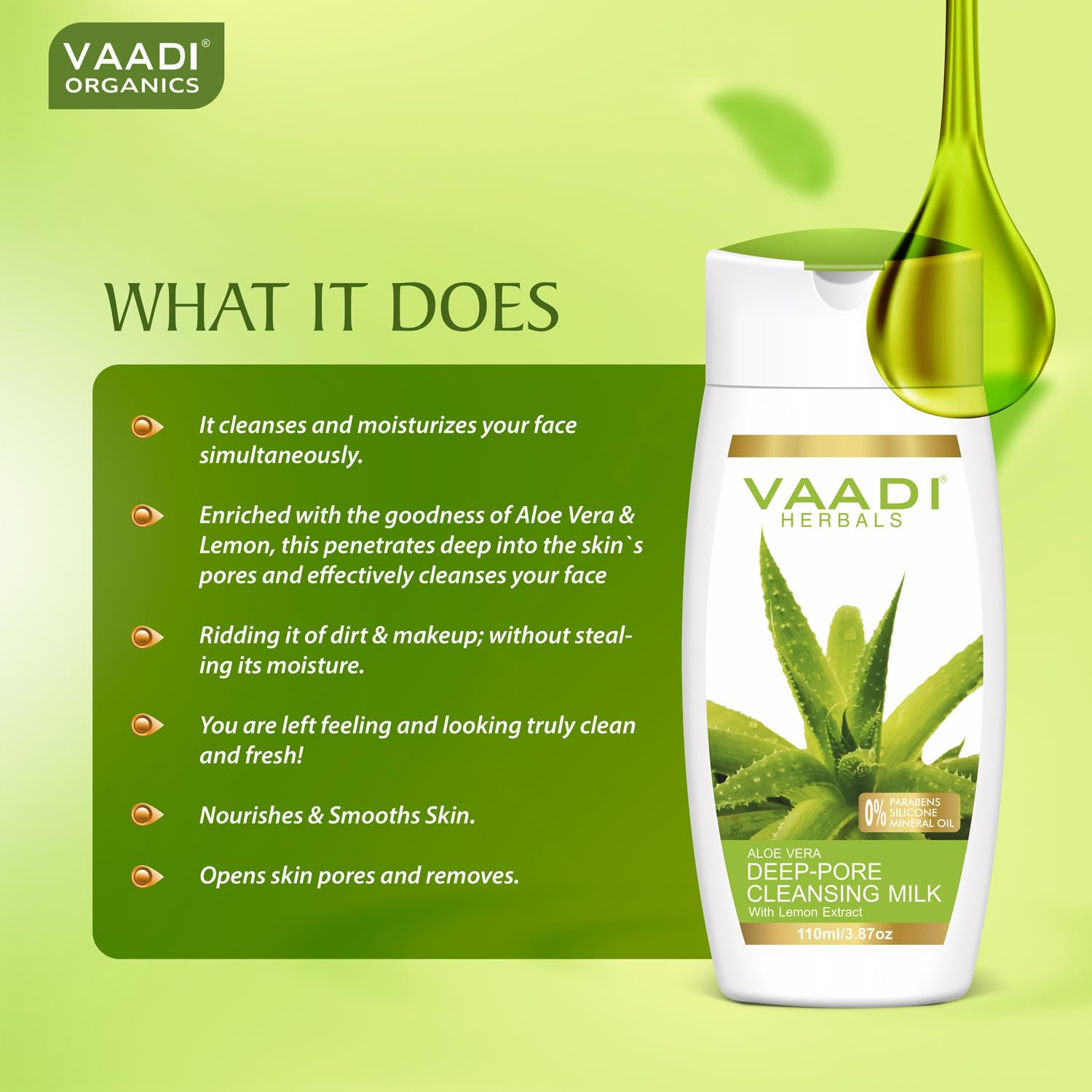 Vaadi Herbals Aloe Vera Deep Pore Cleansing Milk with Lemon Extract - 110ml | Gentle Face Wash for Oily & Acne-Prone Skin | Daily Skincare Routine & Makeup Removal