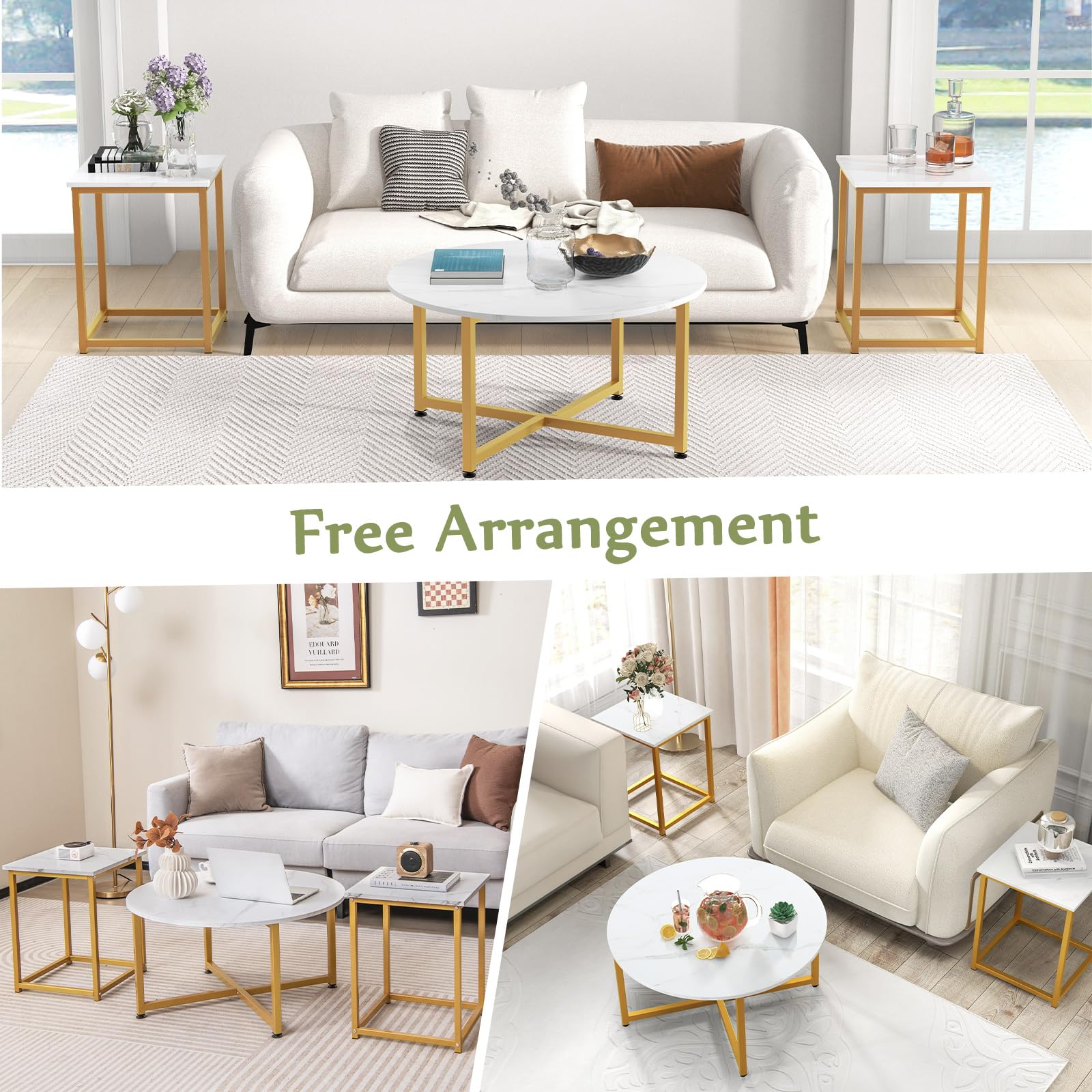 COSTWAY 3-Piece Coffee Table Set - Round Faux Marble Coffee Table & 2 Square End Tables with Sturdy Metal Frame, Modern Living Room Furniture for Small Spaces & Apartments (White & Gold) | Perfect for Compact Living Rooms, Studio Apartments & Cozy Home Decor