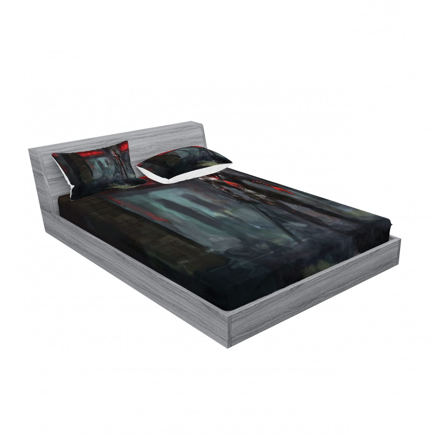 Ambesonne Gothic Fantasy 2-Piece Queen Size Bedding Set - 2 Fitted Sheets & 4 Pillow Shams, Grey & Red Medieval Castle Design | Perfect for Gothic Bedroom Decor, Halloween Themed Rooms & Fantasy Lovers