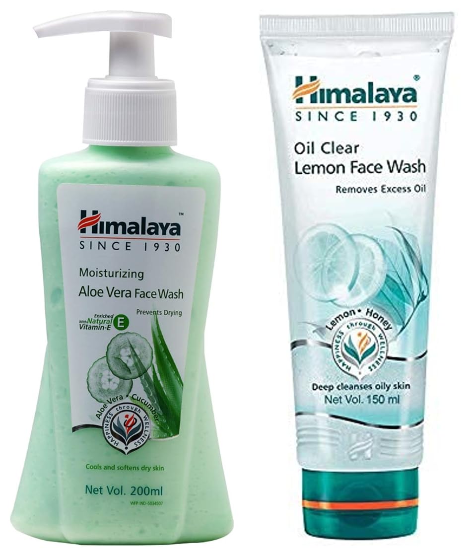 Himalaya Moisturizing Aloe Vera Face Wash 200ml & Oil Clear Lemon Face Wash 150ml - Gentle Cleansing for Dry & Oily Skin, Daily Skincare Routine