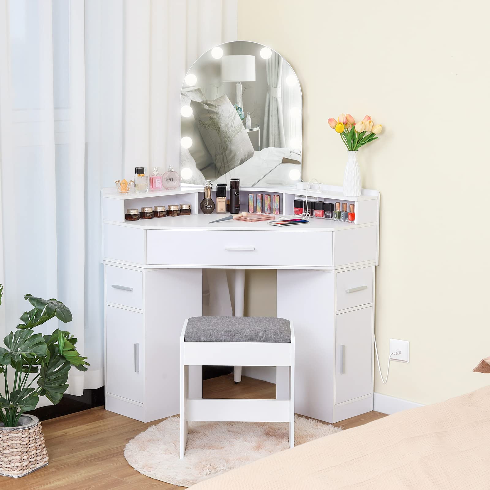 White Vanity Desk with Mirror, Lights & Charging Station - 3 Drawers, Retractable Cabinets & Cushioned Stool - Makeup Dressing Table for Bedroom, Home Office & Christmas Gifts