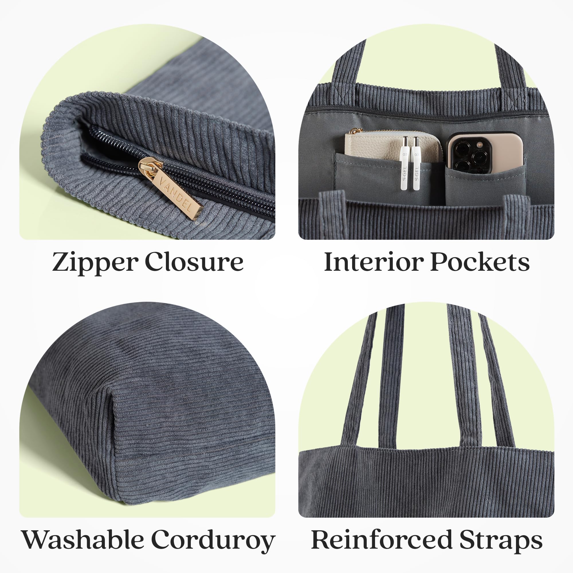 VANDEL Corduroy Tote Bag for Women & Men - Zippered Closure with Inner Pockets - Stylish School & Work Bag - Perfect for College, Office & Travel Accessories