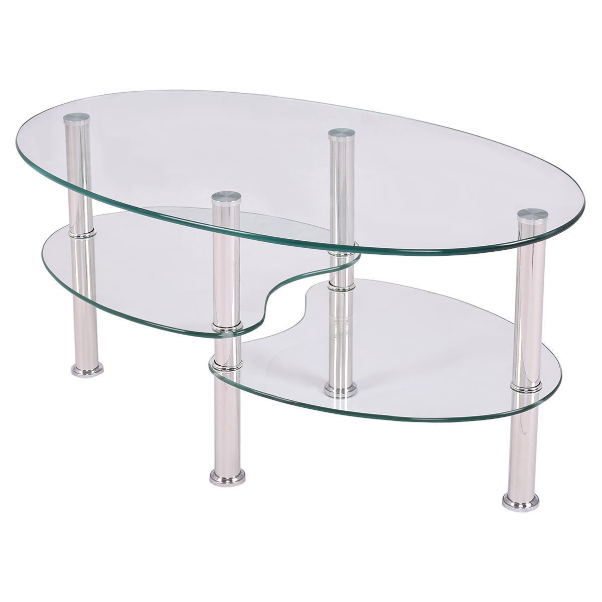 Tempered Glass Oval Coffee Table - Chrome Base for Living Room Decor