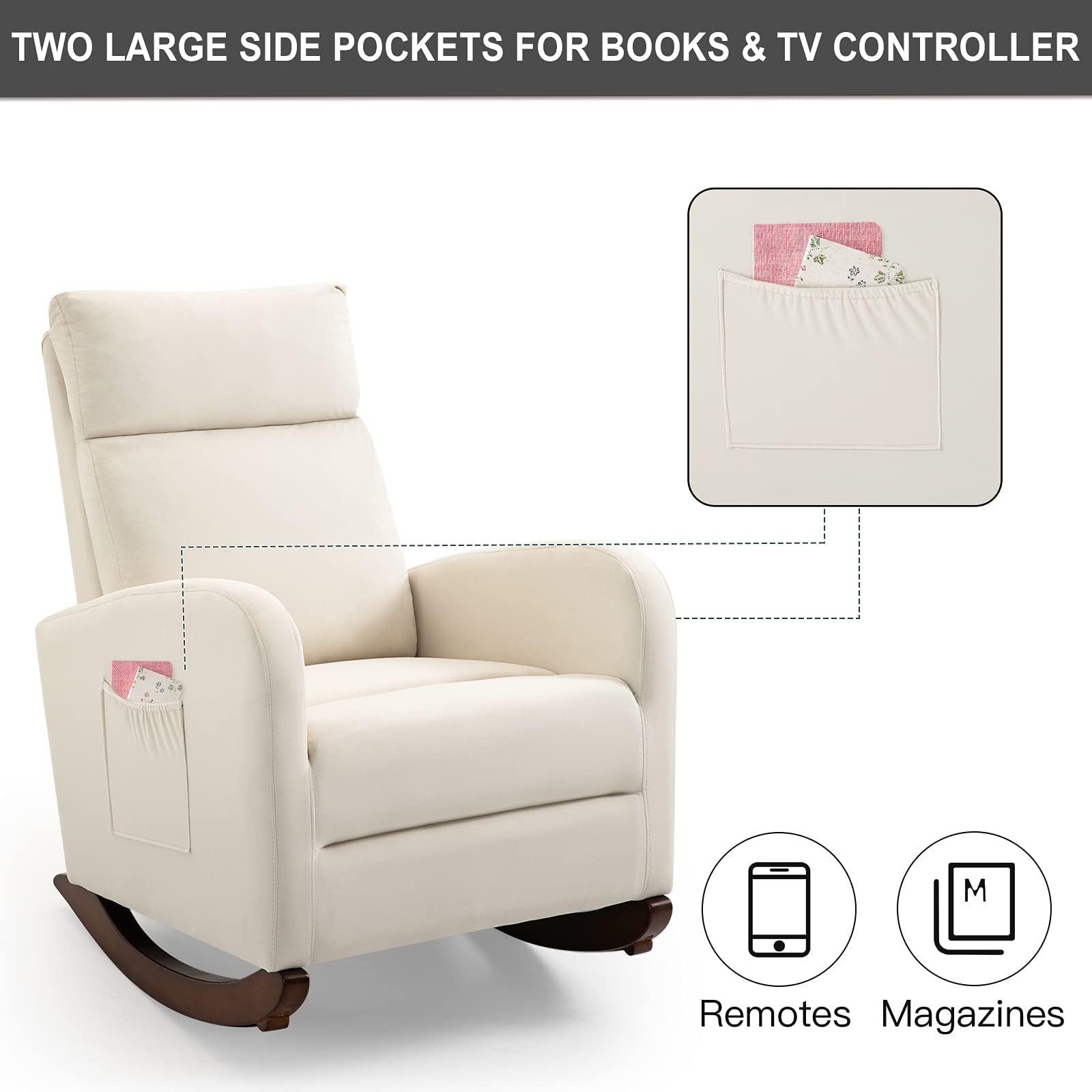 AVAWING Nursery Rocking Chair - Upholstered Glider Chair with Solid Wood Legs & Side Pockets - High Back Rocker for Living Room, Bedroom, Nursery (Beige) - Perfect for Breastfeeding, Reading & Relaxing
