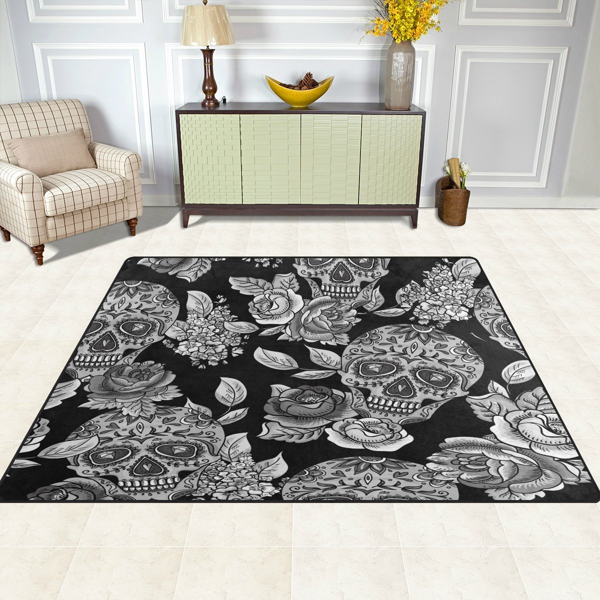 ALAZA Monochrome Floral Sugar Skull Day of The Dead Rug - 5'3 x 4' Non-Slip Area Rug for Living Room, Bedroom, Dorm - Mexican Folk Art Home Decor for Halloween, Dia de los Muertos Celebration