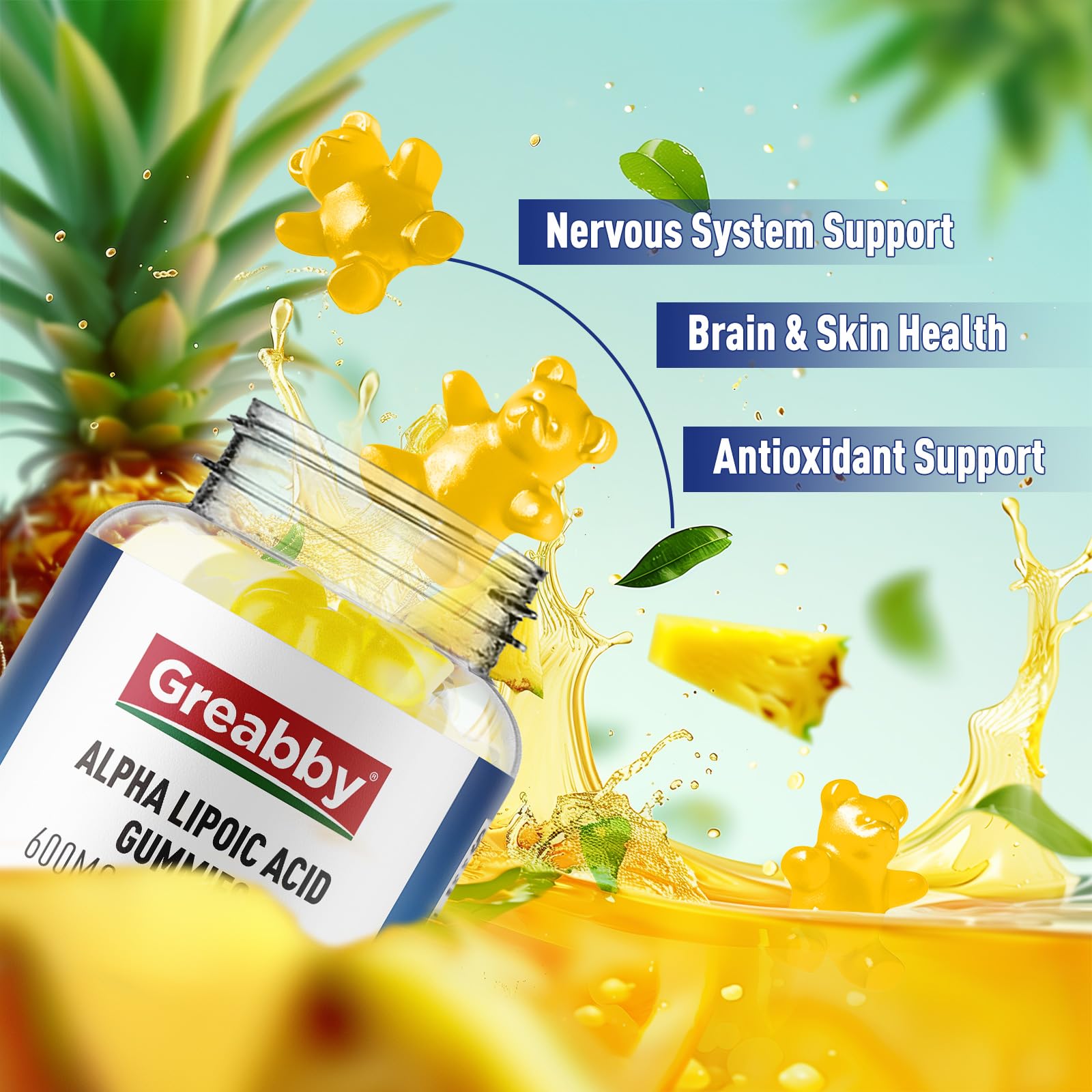 Alpha Lipoic Acid 600mg Sugar Free Gummies - Antioxidant Supplement for Nervous System, Brain & Skin Health | Pineapple Flavor | 60 Chewable Vegan Gummies for Daily Wellness & Energy Support