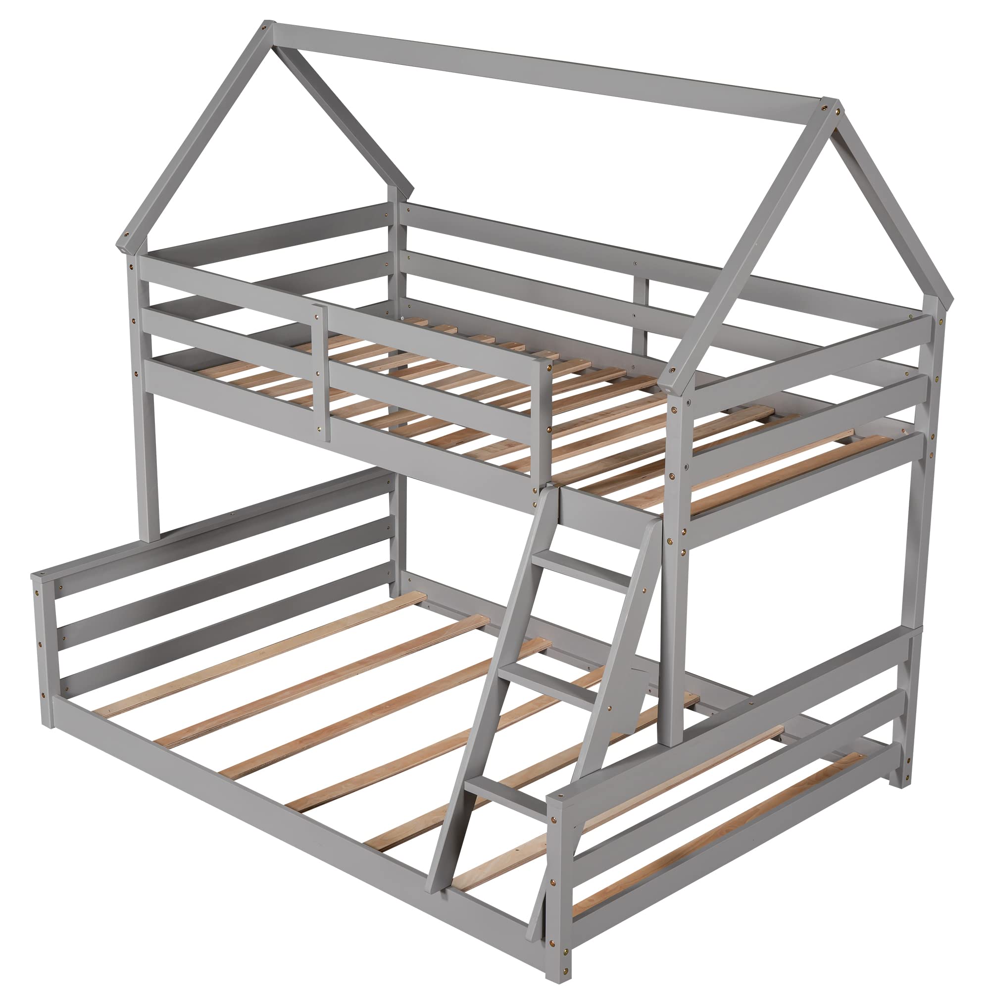 LZ LEISURE ZONE Twin Over Full Bunk Bed Frame - Convertible Wooden House Bunk Bed with Built-in Ladder, Splits into 2 Separate Beds (Grey, Twin/Full Size) - Perfect for Kids' Bedrooms, Guest Rooms & Space-Saving Solutions