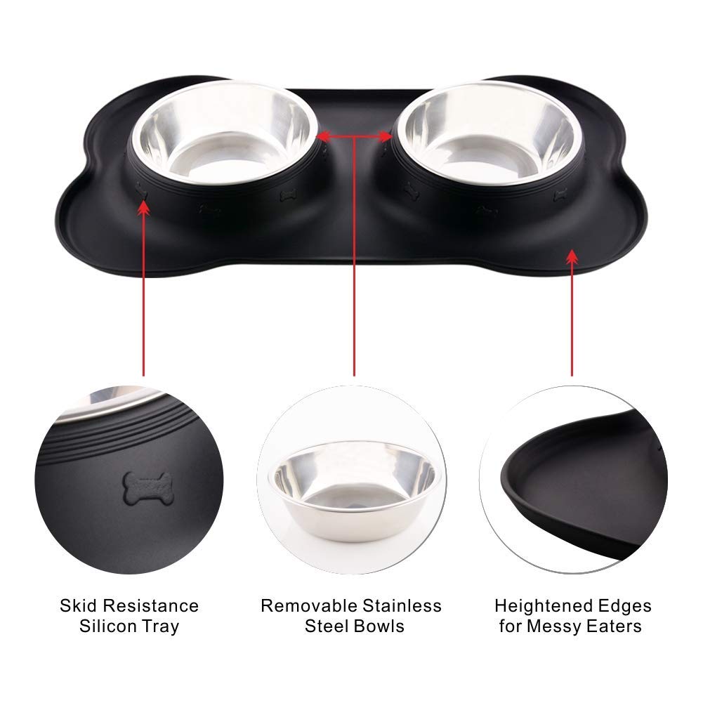 Stainless Steel Dog Food & Water Bowls Set with Non-Slip Silicone Mat - No Spill Pet Dishes for Small, Medium & Large Dogs, Cats & Puppies - Perfect for Home, Travel & Outdoor Use